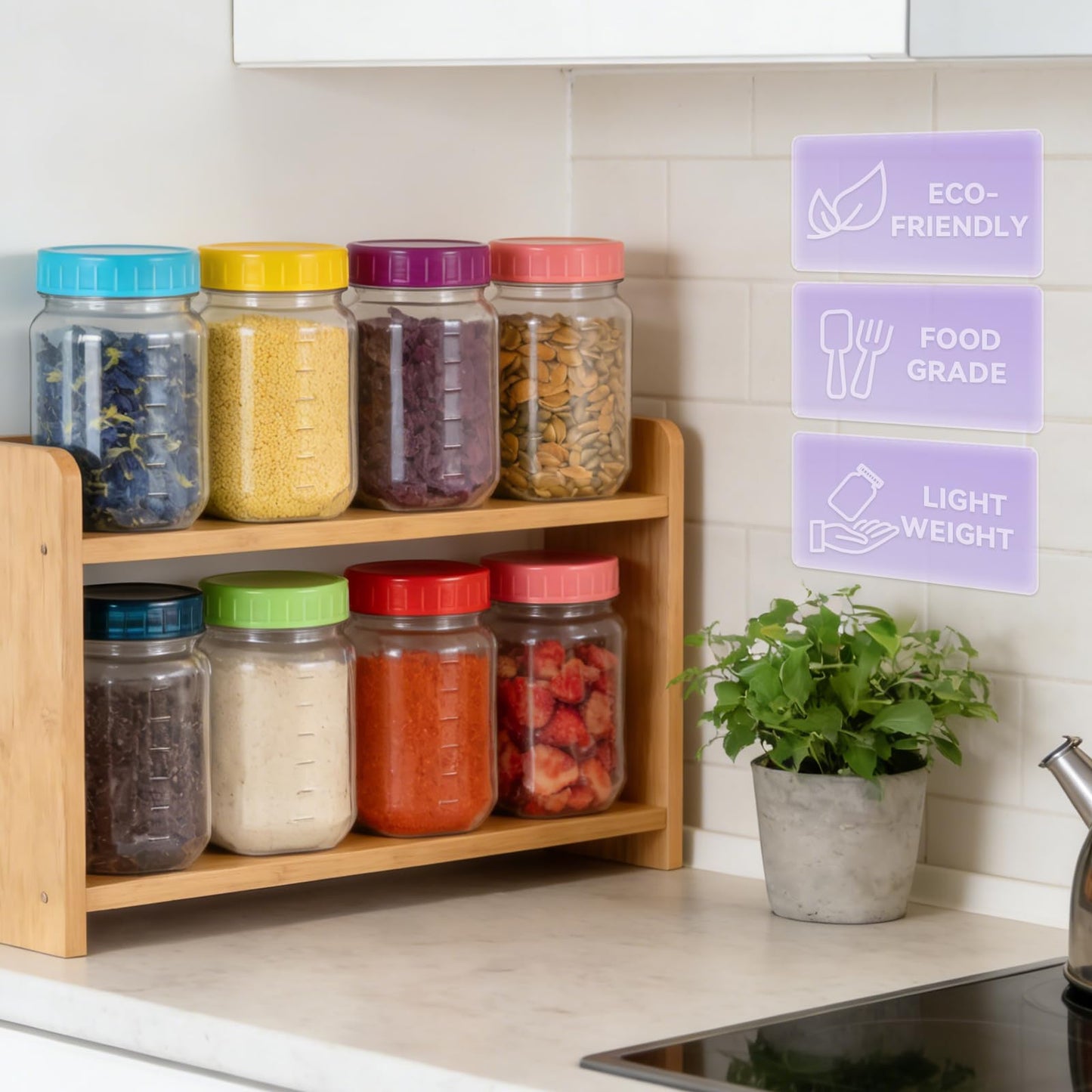 novelinks 16 oz Plastic Mason Jars with Colorful Lids, Leakproof 16oz Clear Plastic Jars with Lids, Reusable Storage Containers for Household Use (16 Pack)