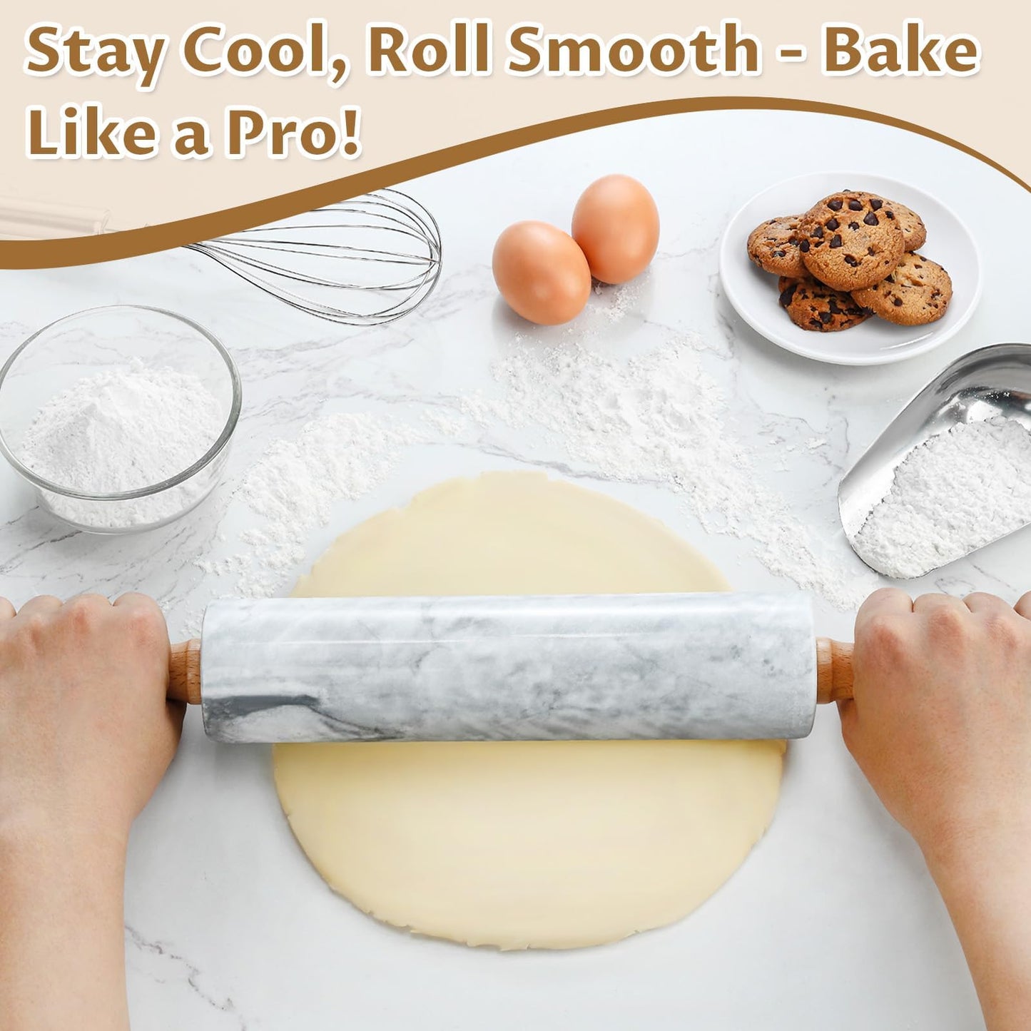 Gymdin Marble Rolling Pin - 18.9" Marble Rolling Pins for Baking, Pastry, Pizza Dough & More - Polished Non-Stick Surface, Long Dough Roller with Wooden Handles & Base