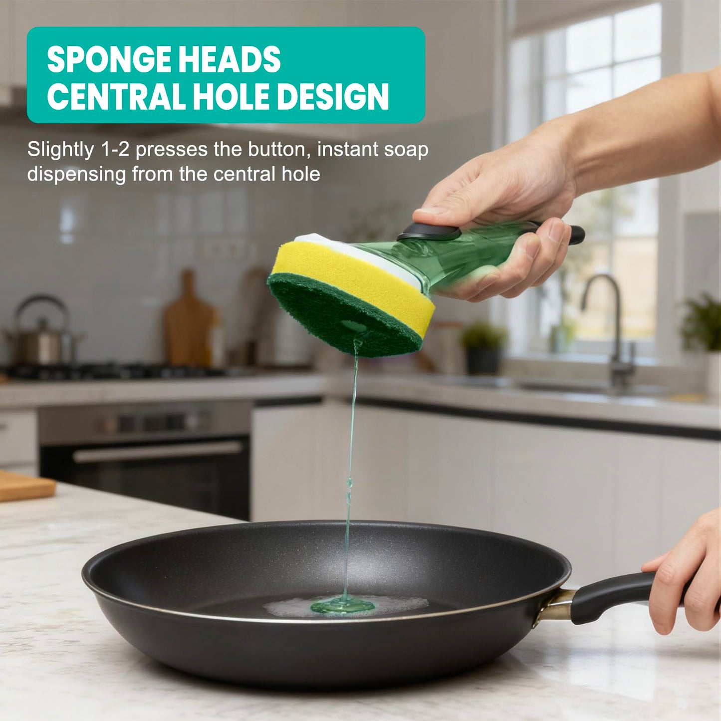 Dishwand with Refills, Dish Wand with Handle Replacement Sponge Heads, Non Scratch Soap Control Leak-Proof Dispenser Scrub,Heavy Duty Advanced Scrubber Brush Pads for Cleaning Dishes Sink Washing Tool
