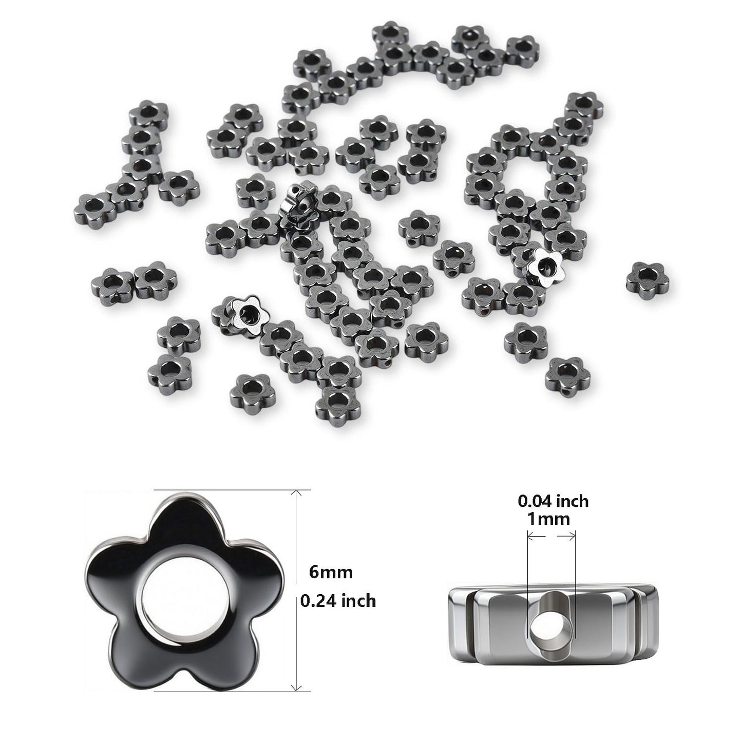 HAAMIIQII 75pcs 6mm Natural Black Hematite Loose Gemstone Beads Hollow Flower Shape Spacer Stone Beads for Jewelry Making DIY Bracelets Necklaces Crafting