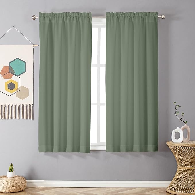 Chyhomenyc Sage Green Curtains 45 Inch Length 2 Panels, Faux Linen Textured Semi Sheer Light Filtering Soft Airy Rod Pocket Window Treatment Drapes for Living Room Bedroom, Each 30" Wx45 L