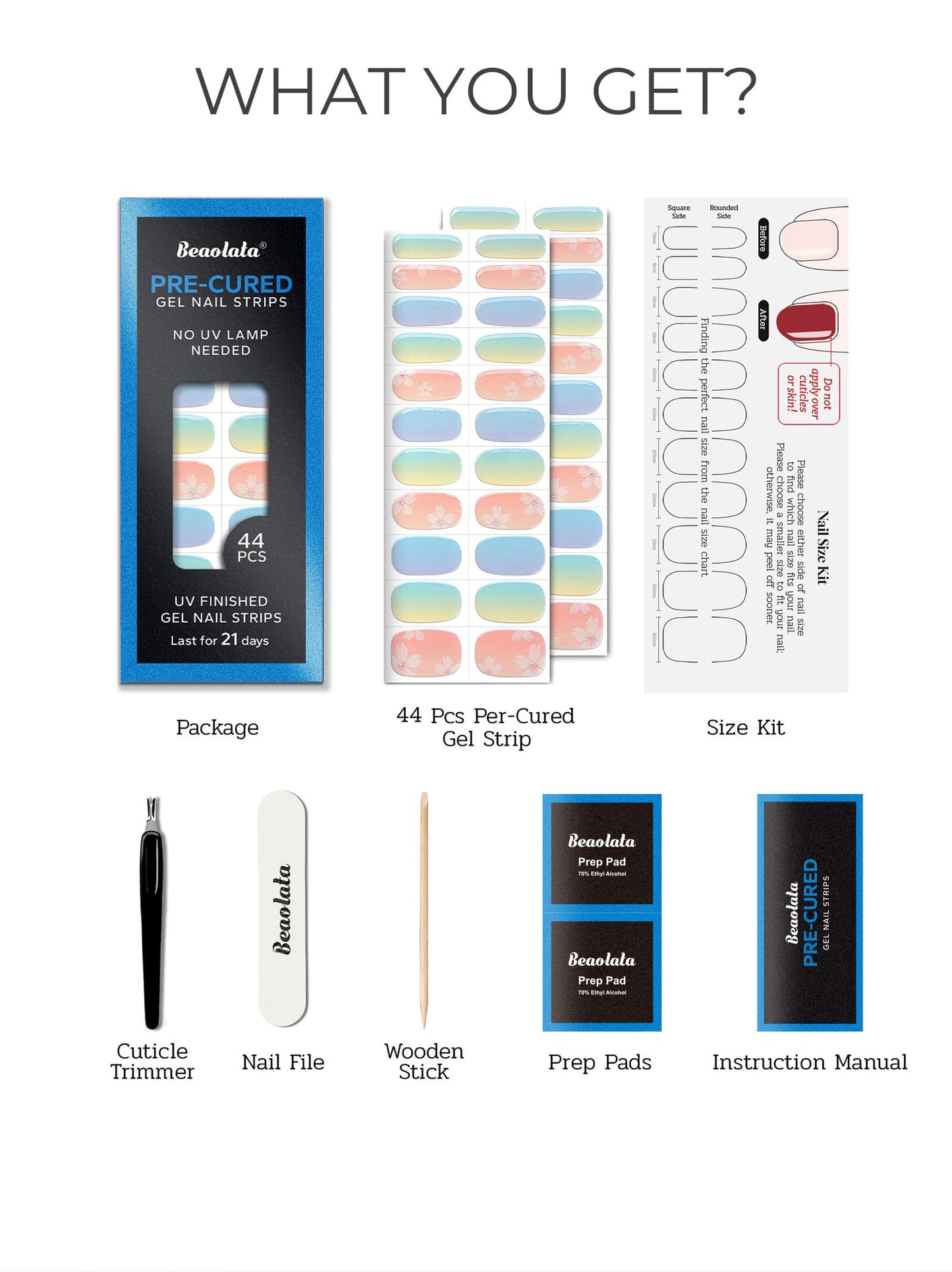 Beaolata Real Gel Nail Strips (No UV Light Needed) - 44Pcs Salon Quality Nail Stickers - Long Lasting Polish Wraps for Women, Easy Apply & Remove (Mint Rose Pink)