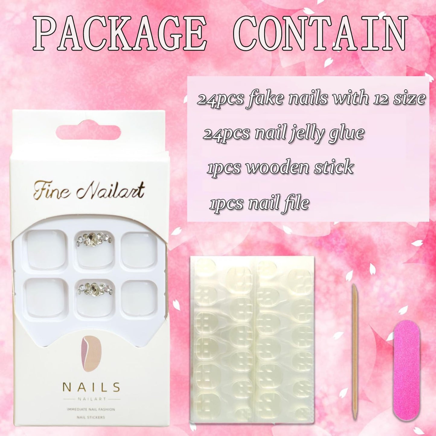 Vezocim White False Toenails Sets, Press on Toenails Coffin with Rhinestone Designs, Full Cover Artificial Acrylic Fake Nails for Toe, Glue on Toenails with Charm, Stick on Toe Nails for Women