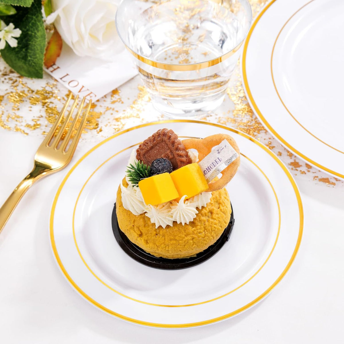 WELLIFE 300Pcs Gold Dinnerware Set for 50 Guests, Gold Rim Plastic Plates Disposable, 50 Dinner and 50 Salad Plates, 50 Cups, 50 Silverware Set for Party