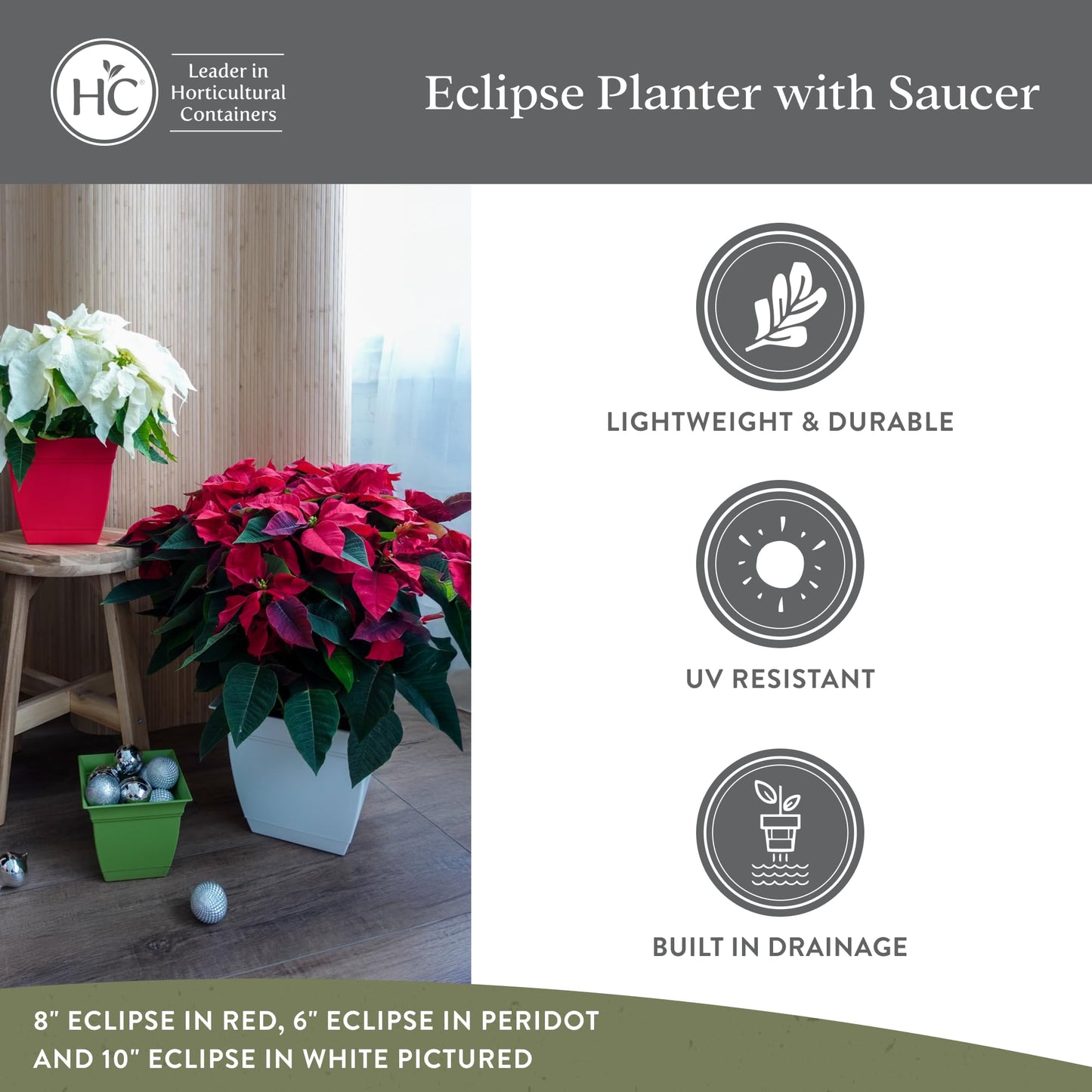 The HC Companies 8 Inch Eclipse Square Planter Pots with Drainage Holes & Attached Saucer, Lightweight UV-Resistant Plastic Indoor Outdoor Planters, 4-Pack Flower Pots, Garden Home Decor, Slate Blue
