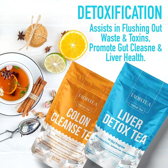 TAOISTEA Colon & Liver Detox Tea Set - 2 Herbal Blends, 14 Day Supply Each | Dual-Action Cleanse for Gut Health, Liver Detox & Daily Wellness