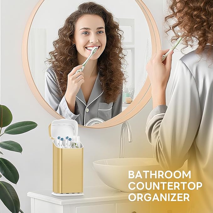 Toothbrush Holders with Cover - Electric Toothbrush Length Less Than 9 inches, 5 Slots Tooth Brush Holder for Bathroom, Detachable Toothpaste Holder Bathroom Organizers with Drainage, Gold