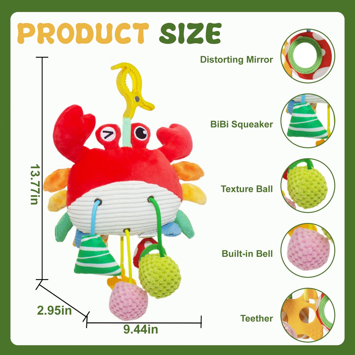 ElapseGlow Crab Baby Toy - Clip-On Hanging Sensory Toy for Car Seat, Stroller, Gym with Squeaker, Crinkle, Rattle, Mirror & Teether | Soft Plush 18 Months Infant Developmental Toy for Tummy Time (Red)
