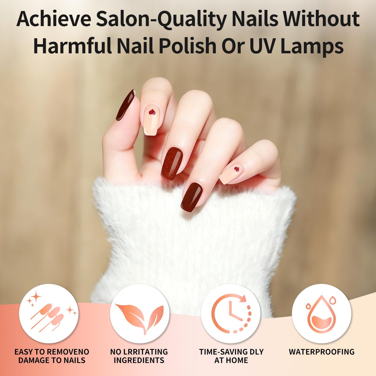Semi Cured Gel Nail Strips - Dark Brown Heart Pink-Stylish Nail Wraps, No UV Light Needed, Effortless Application & Removal, Salon Quality, Includes 16 Wraps, 1 Prep Pad, Wooden Stick & Nail File