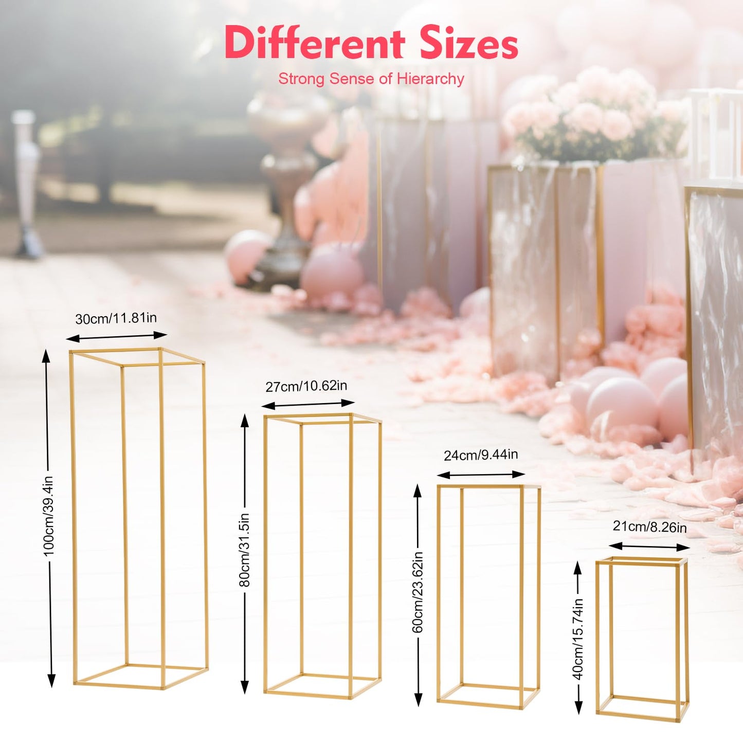 4 Pcs Inweder Column Vases Wedding Centerpieces, Different Sizes Gold Floor Vase, Tall Metal Vase Column, Rectangular Geometric Flower Rack，for Wedding Decorations, Event, Home, Party(16",24",32",40")