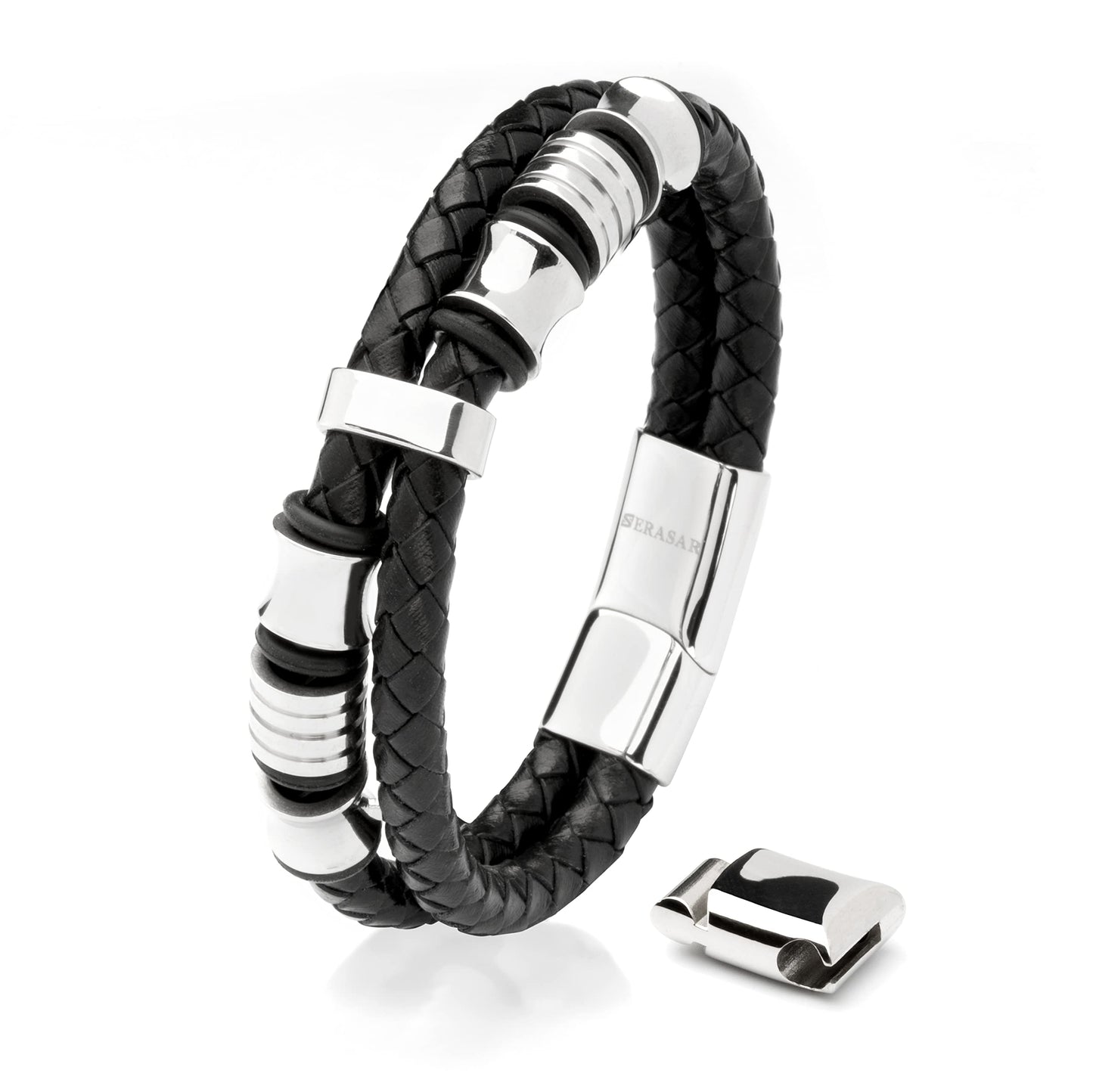 SERASAR Mens Silver Bracelets 17cm Bracelet Men Gift Box Genuine Leather Cowhide Braided Magnetic Clasp Multi Layer Wrap Rope Man Mans Male Band Jewelry Magnet Accessories