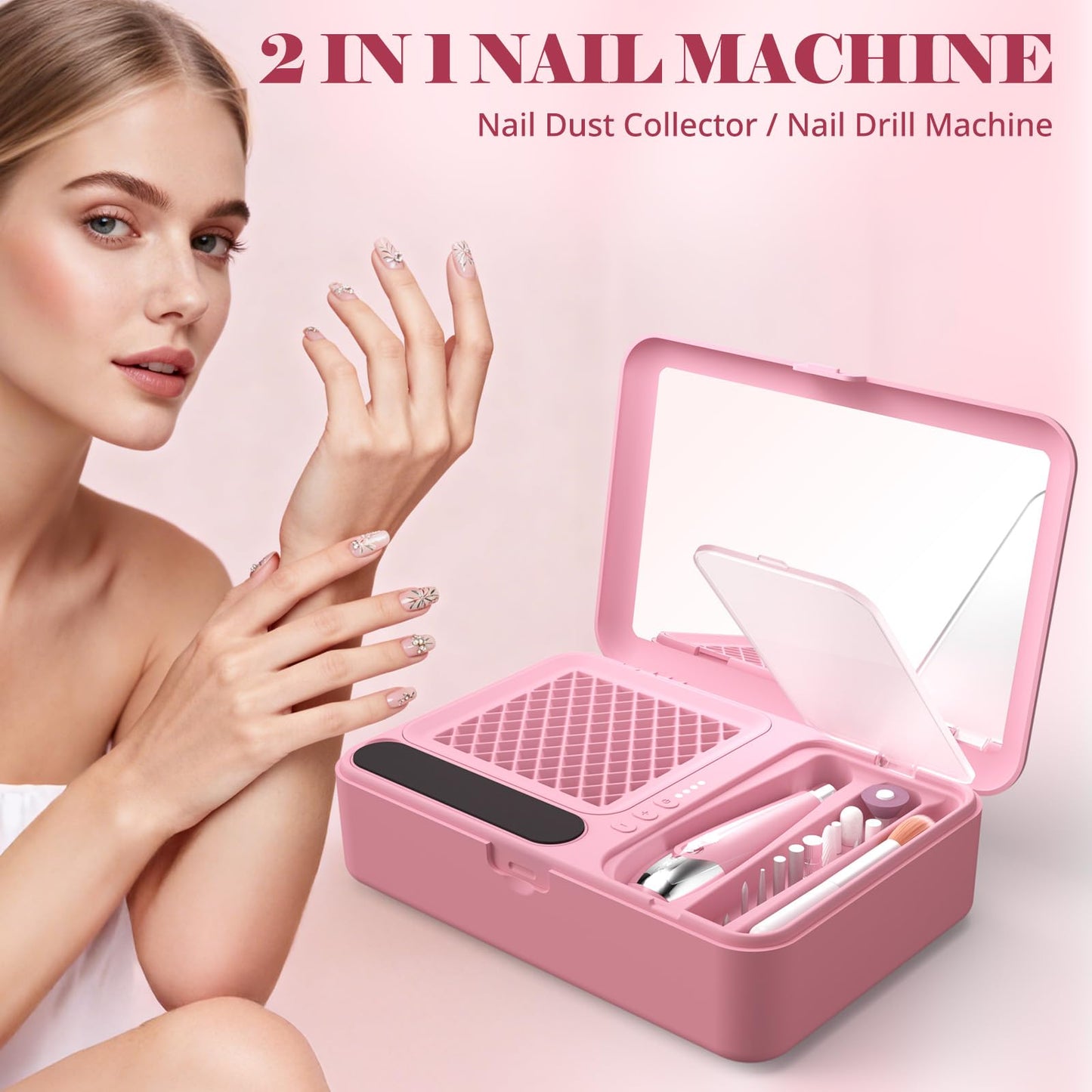 Nail Dust Collector and Cordless Electric Nail Drill File Kit, Professional Portable Manicure Pedicure, 13 Bits, HPro Powerful Dust Suction Machine for Home Salon - Pink