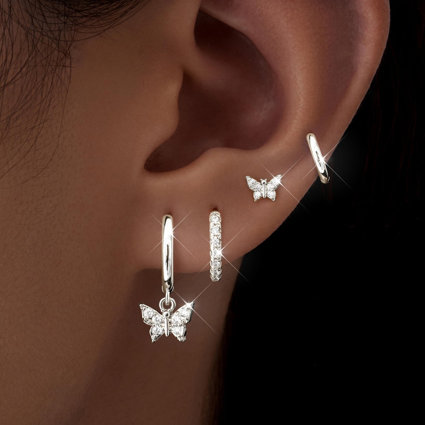 Silver Butterfly Earrings for Women, Huggie Small Stack Cartilage Stud Hoop Earring Sets for Multiple Double Piercing, Conch Helix Rook Tragus Daith Piercing Silver Clip On Jewelry Set Gifts