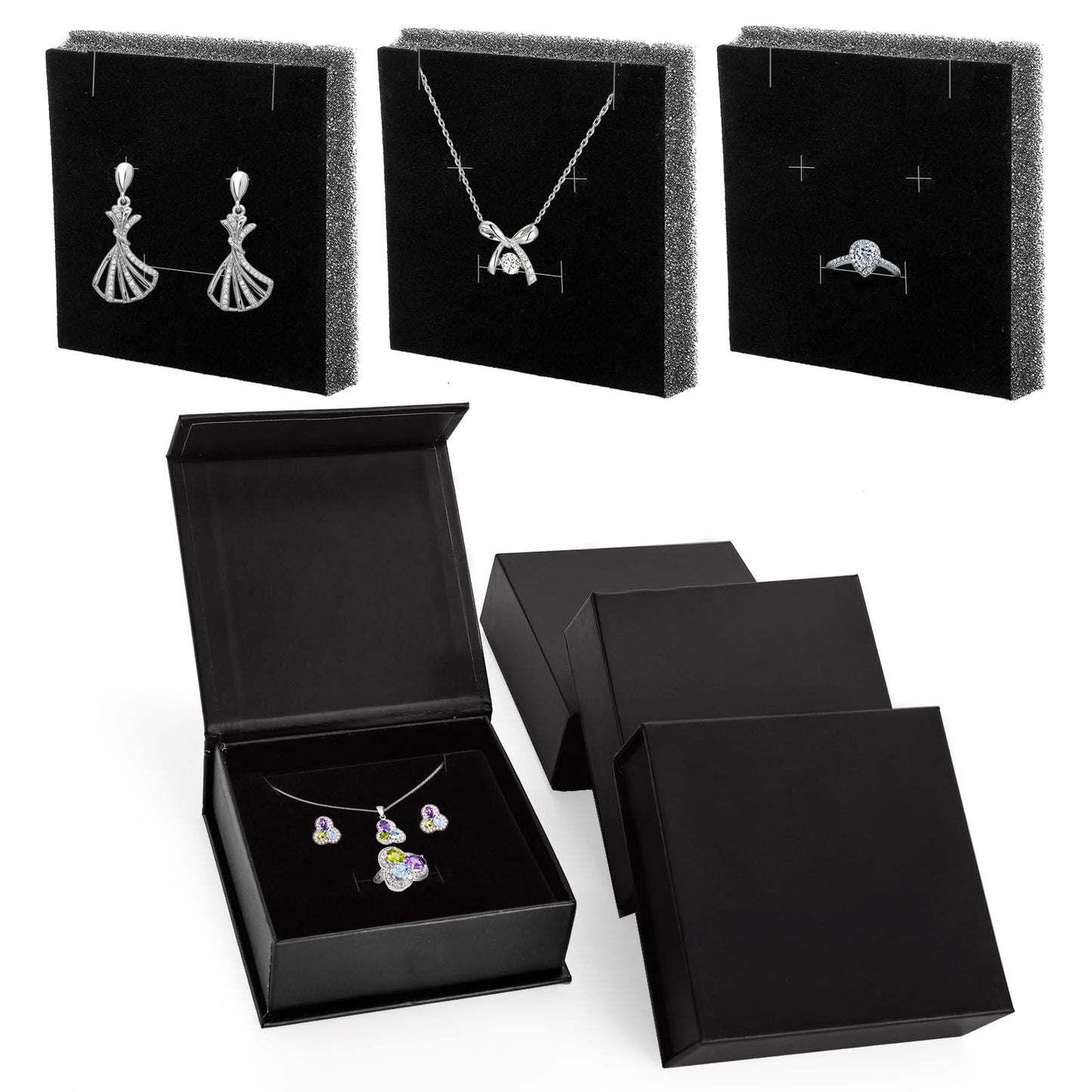 Covzoe 24 Pack Cardboard Jewelry Boxes, 3.6 x 3.6 x 1.3 Inch Small Jewelry Gift Boxes with Cotton Filled and Lid, Jewelry Storage Display Case for Necklace Earring Ring, Black