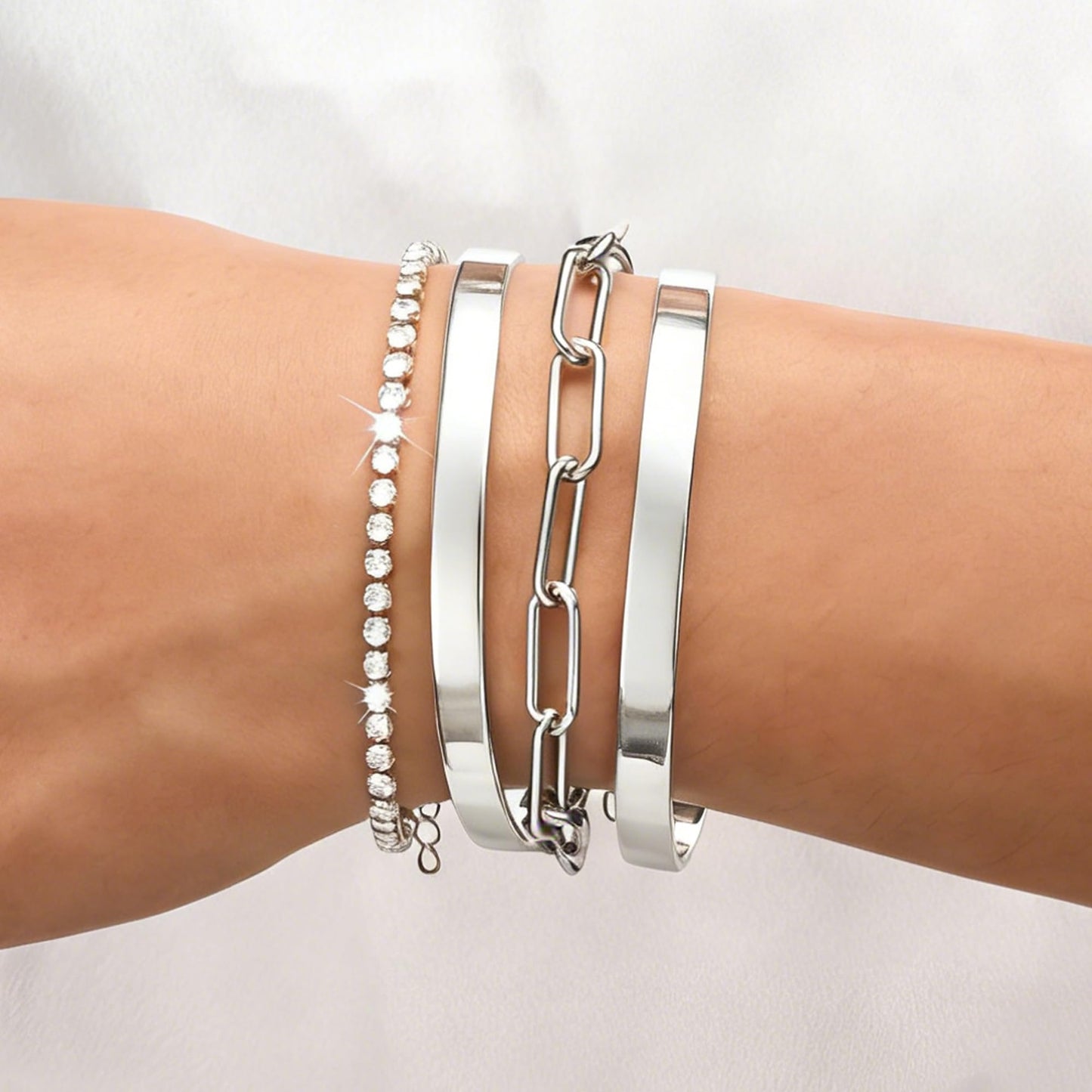 Reoxvo 925 Sterling Silver Plated Tennis Bracelets Stack for Women Double Dual Silver Bangle Cuff Bracelets for Women