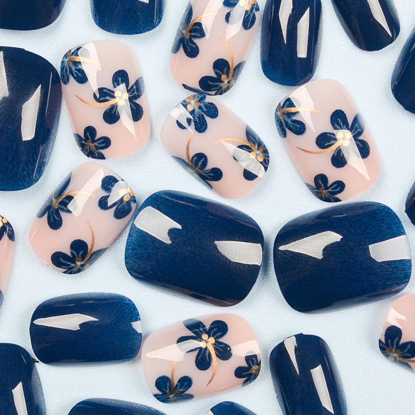 Square Press on Nails Short Fake Nails with Flower Designs Nails Press ons Dark Blue Glue on Nails Glossy False Nails Spring Summer Stick on Nails for Women 24Pcs