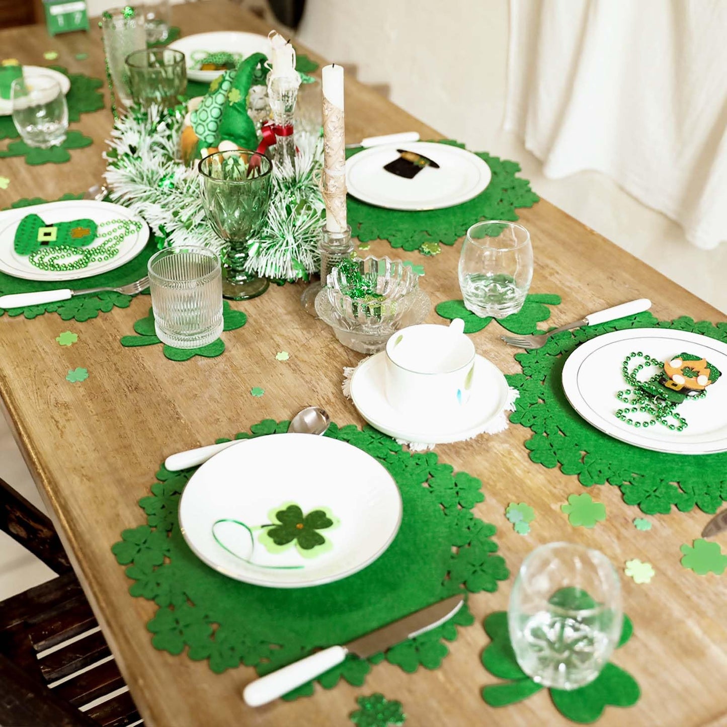 Noctiflorous St. Patrick’s Day Shamrock Green Round Felt Placemats with Coasters Set of 6 Table Decoration Durable Heat-Resistant Non-Slip Washable Place Mats Indoor Outdoor Kitchen Dining Table Mats