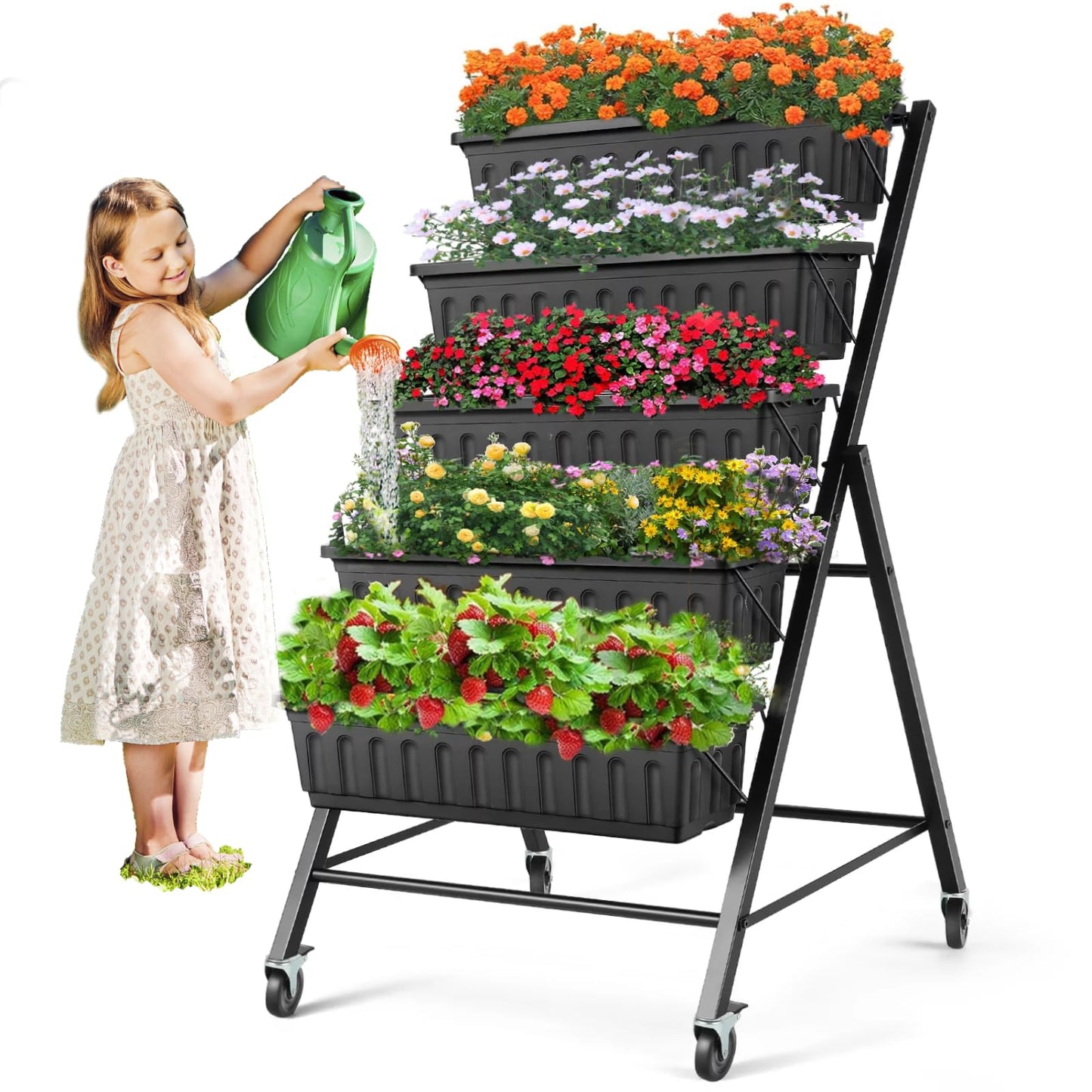 SEJOV 4FT Vertical Raised Garden Bed, 5-Tier Vertical Garden Planter with Drainage System, Larger Elevated Planter Box for Herb Vegetables Flowers Indoor Outdoor Planters (Black with Lockable Wheels)