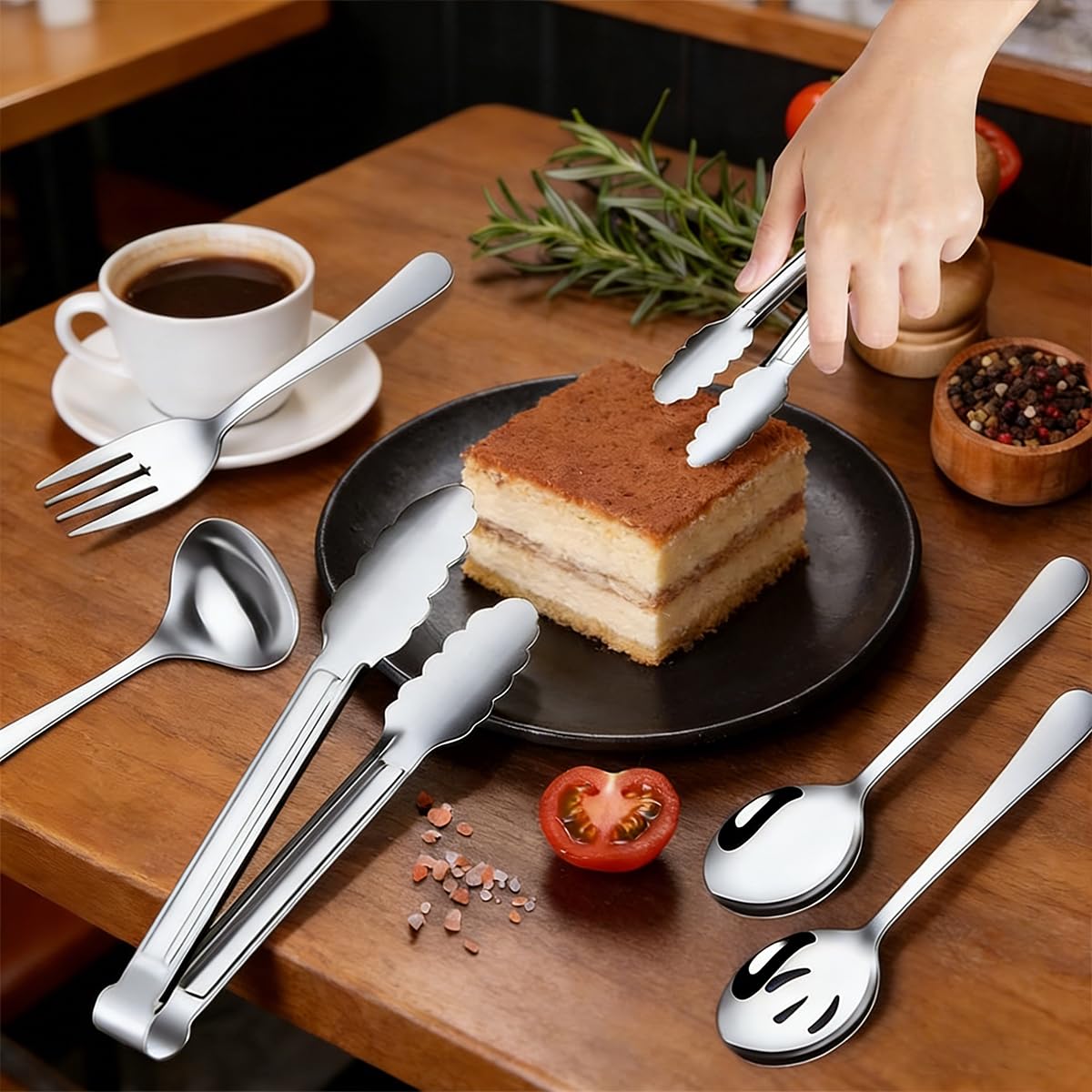 10 Pieces Serving Utensils Include Serving Spoons,Slotted Serving Spoons,Serving Forks,Serving Tongs,Soup Ladle and Pie Cake Server for Buffet Catering Banquet Party(Silver)