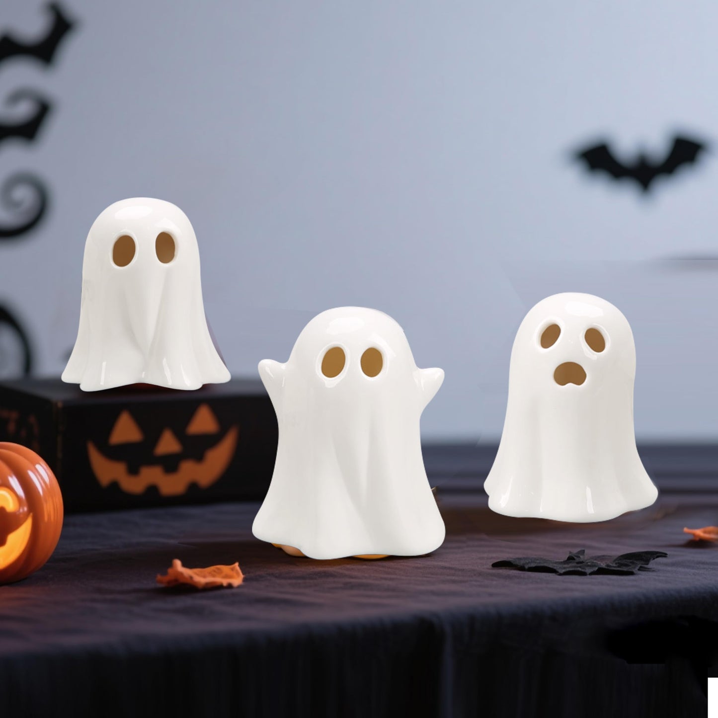CUTEHO Cute Ghost Light Up Halloween Decor, LED White Ceramic Spooky Lanterns Decorative Light Halloween Party Decoration for Tiered Tray Shelf Table Centerpieces Desk Bedroom Room（3 Pack）
