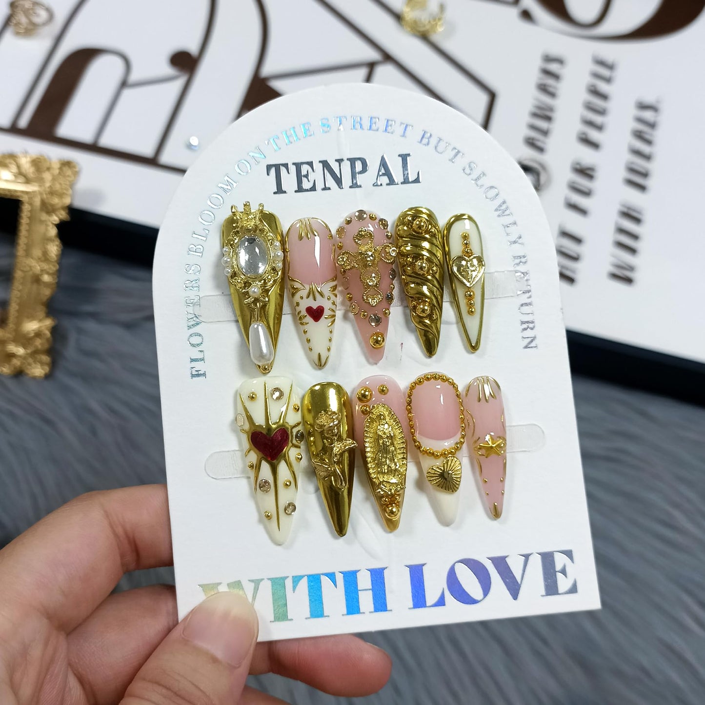 TENPAL 10Pcs Handmade Egyptian Press On Nails With Tools,Golden Palace Long Stiletto Glue on Nails,Glossy Sacred Rose & Cross Charms Fake Nails with Crystal Luxe,Acrylic Nails for Women Gifts(S)