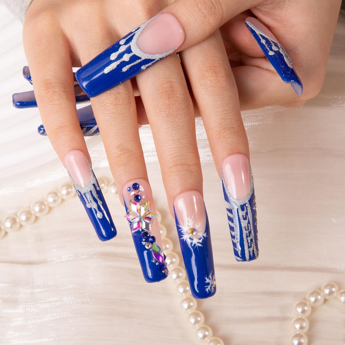 LOVFUL Press on Nails Snow Waltz Blue French Tip| Handmade with Full Covered Crystals | Reusable Fake Nails | Square Mid Length 1.7 in | H140-S