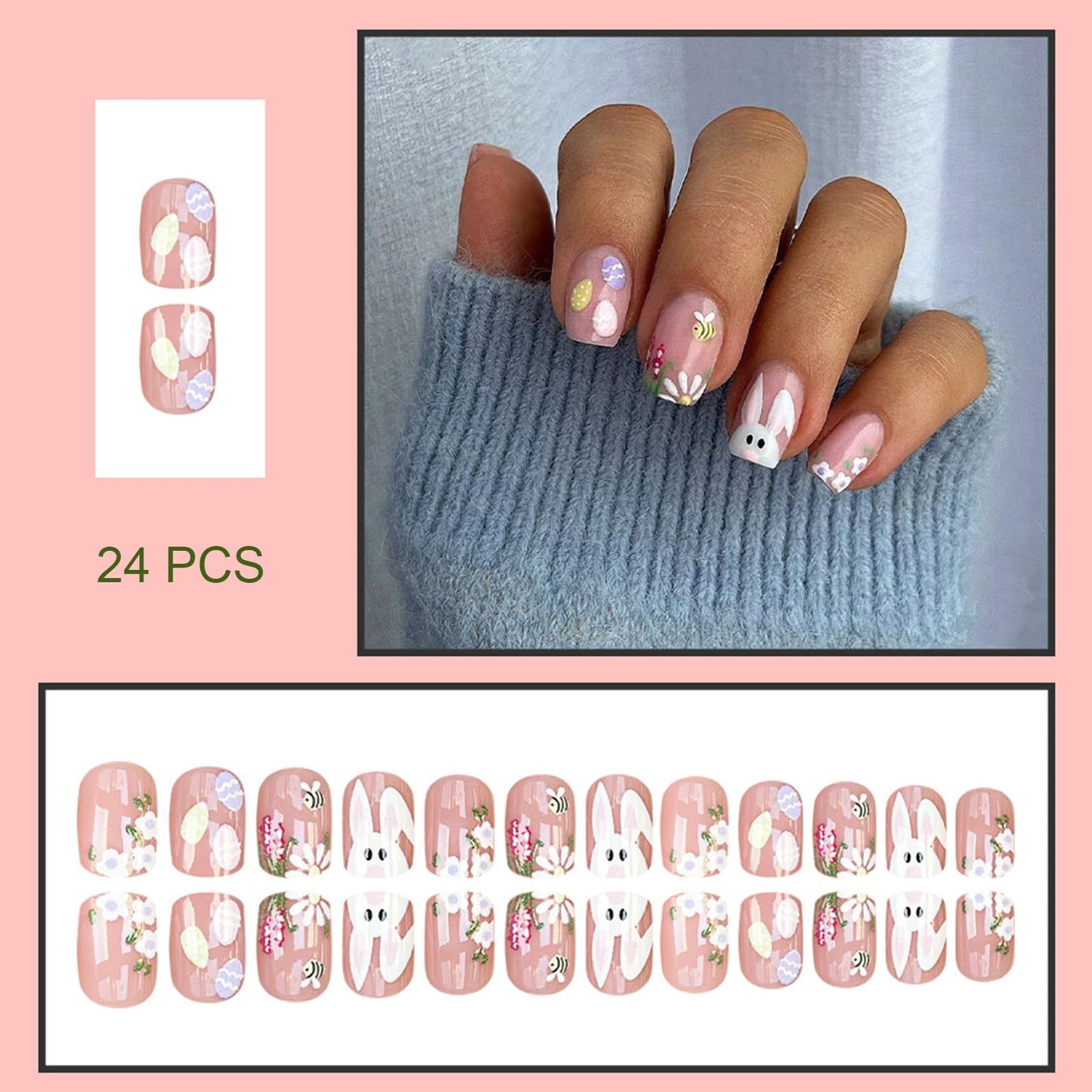 Easter Press on Nails Short Square Fake Nails with Cartoon Easter Bunny Eggs Design Glossy Pink Nail Press ons Cute Flower Bee False Nails Spring Summer Glue on Nails for Women 24Pcs