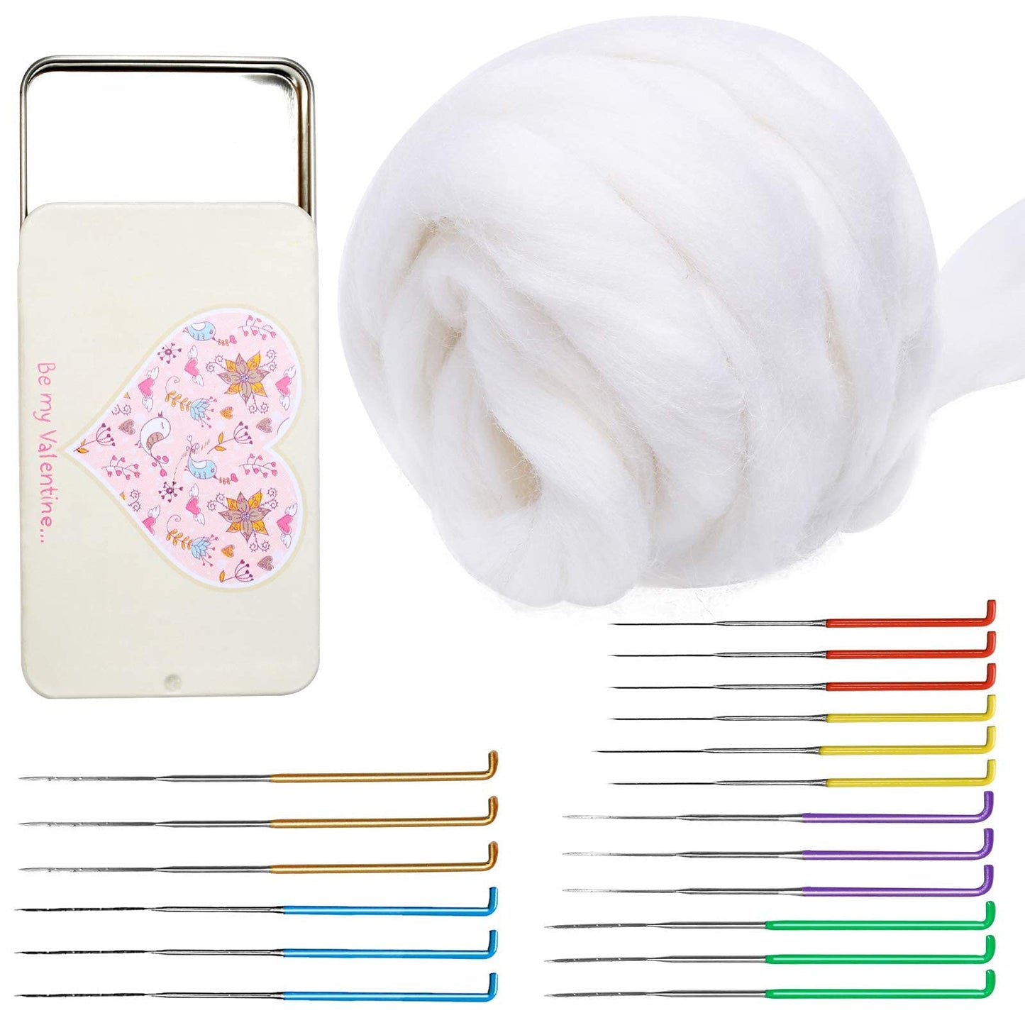 18 Pieces 6 Colors Needle Felting Needles and 3.53oz White Wool Roving Yarn, Wool Felting Supplies, Needle Felting Tool Kit Wool Triangular Felting Needles with Iron Box for Wool Felting