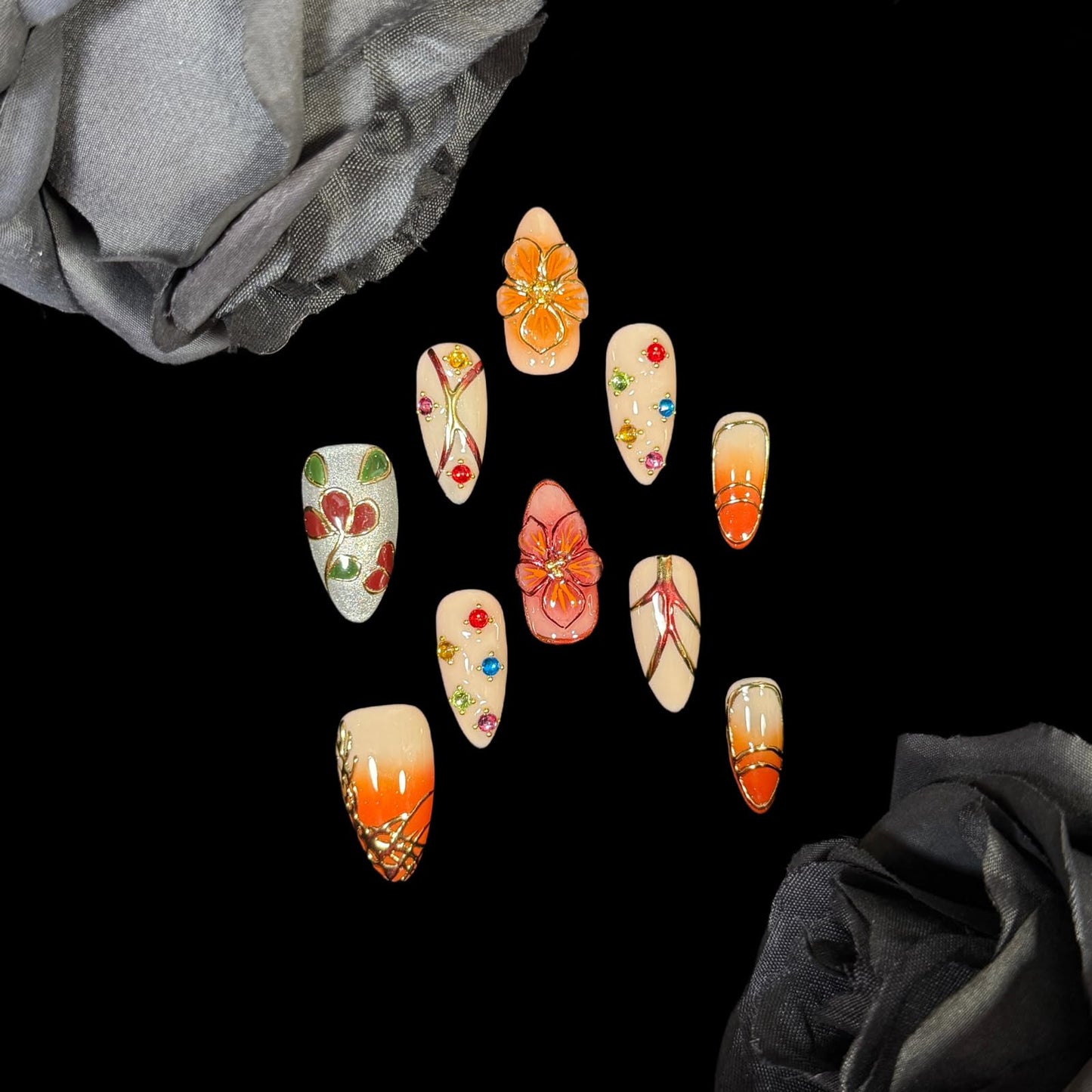 Handmade Press On Nails, Golden Ember Bloom, Luxury Sunset Ombre, Medium Almond Shape with 3D Floral Design, Crystal Accents, Acrylic False Nails Set, Gold Foil Outline (L)