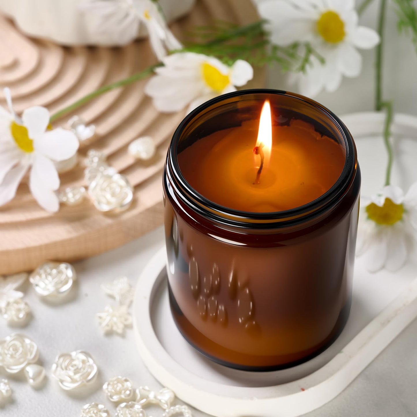 Hoa Kinh 8oz Amber Glass Jars with Lids - 12Pack Empty Airtight Storage Containers for Candle Making, Cosmetic, Spices, Crafts, Food - Refillable, UV Protection, Black Plastic Lid