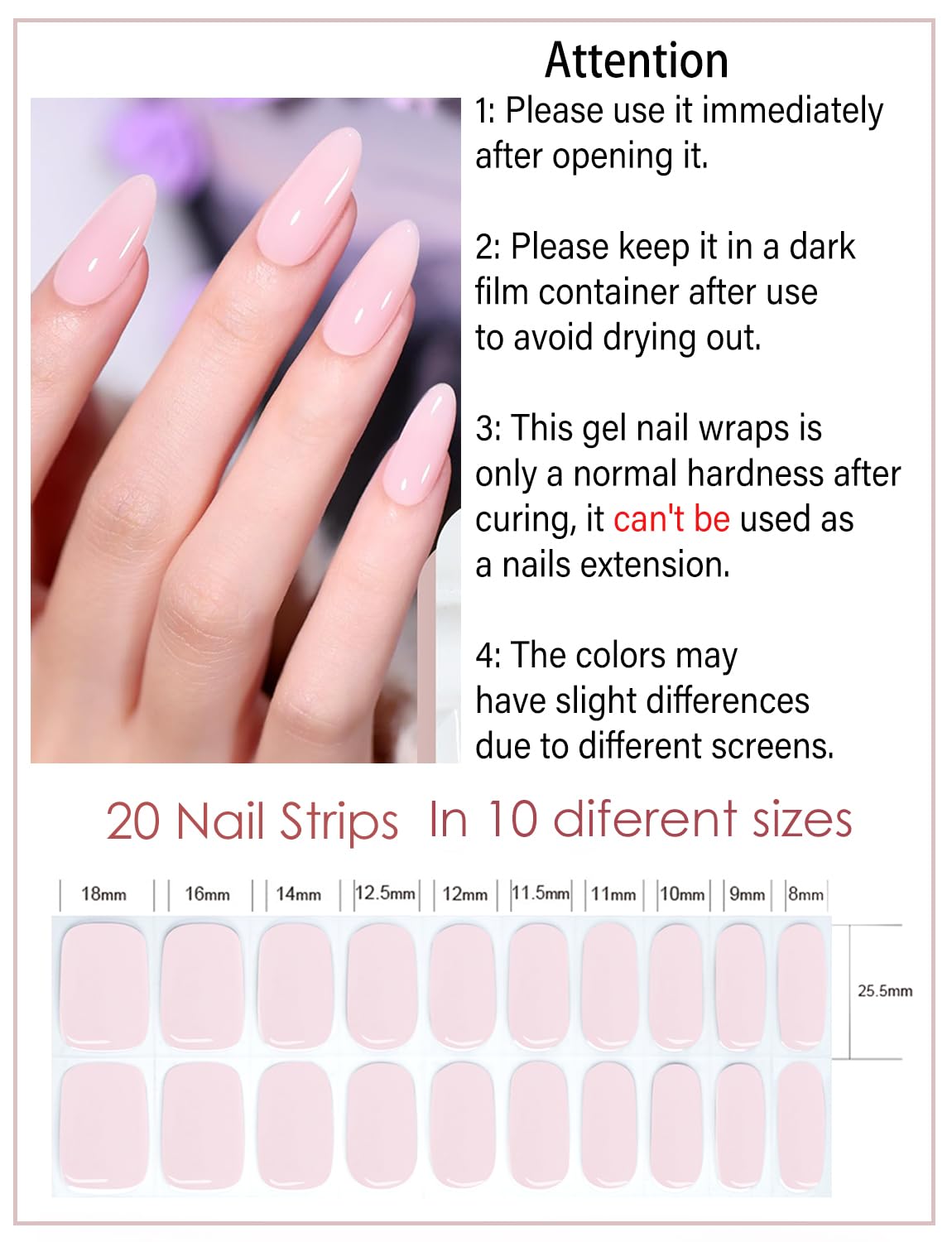 Wahrshei Semi Cured Gel Nail Strips, 20pcs Transparent Milky Pink, UV Cured Gel Nail Wraps for Home Nails DIY