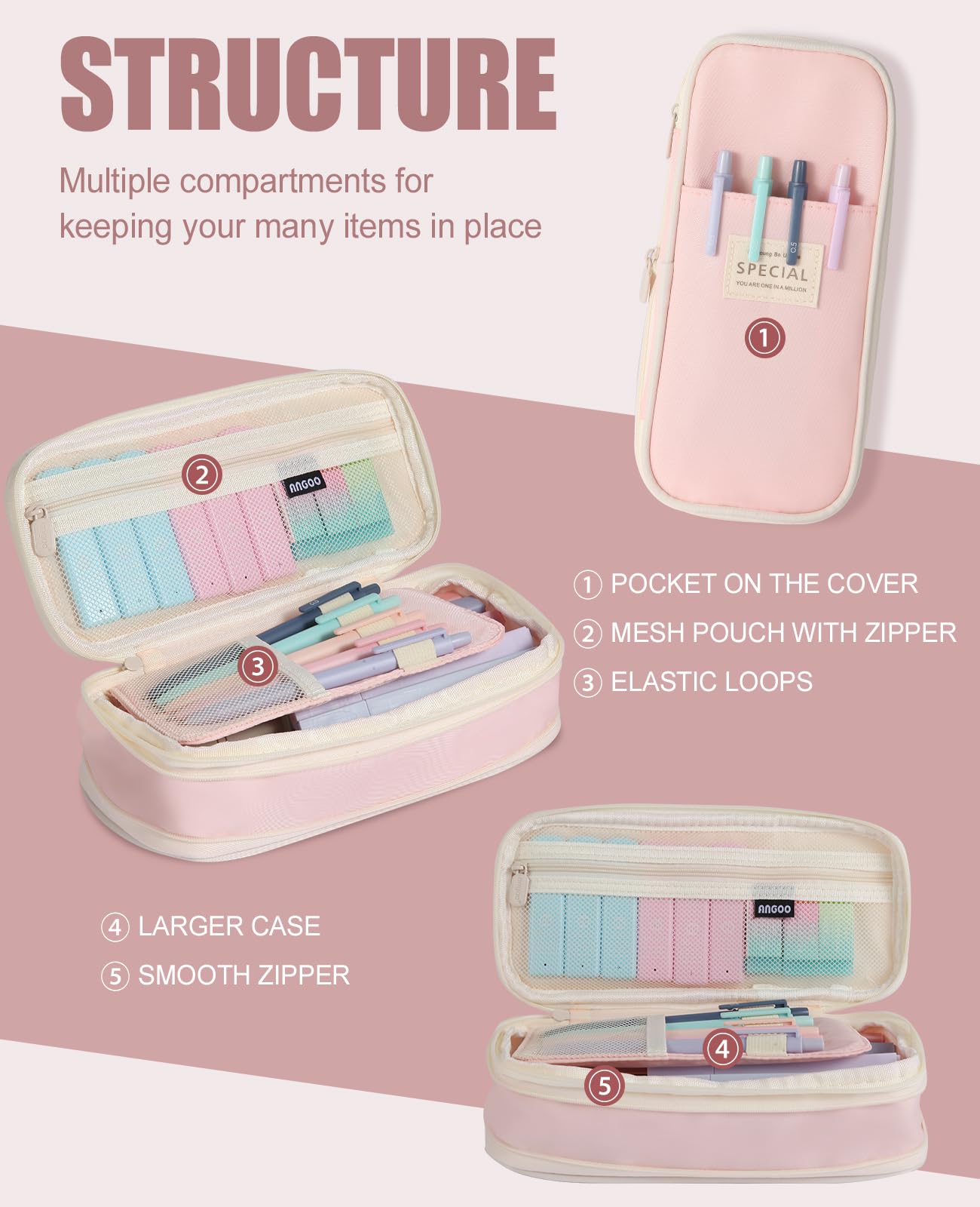 39PCS Aesthetic School Supplies with Cute Pencil Case, 5X Ballpoint Pens with Stylus Tip, 12X Pastel Highlighters, 6X Mechanical Pencil Set 0.5 & 0.7mm, Suit for Preppy School College Essentials(pink)