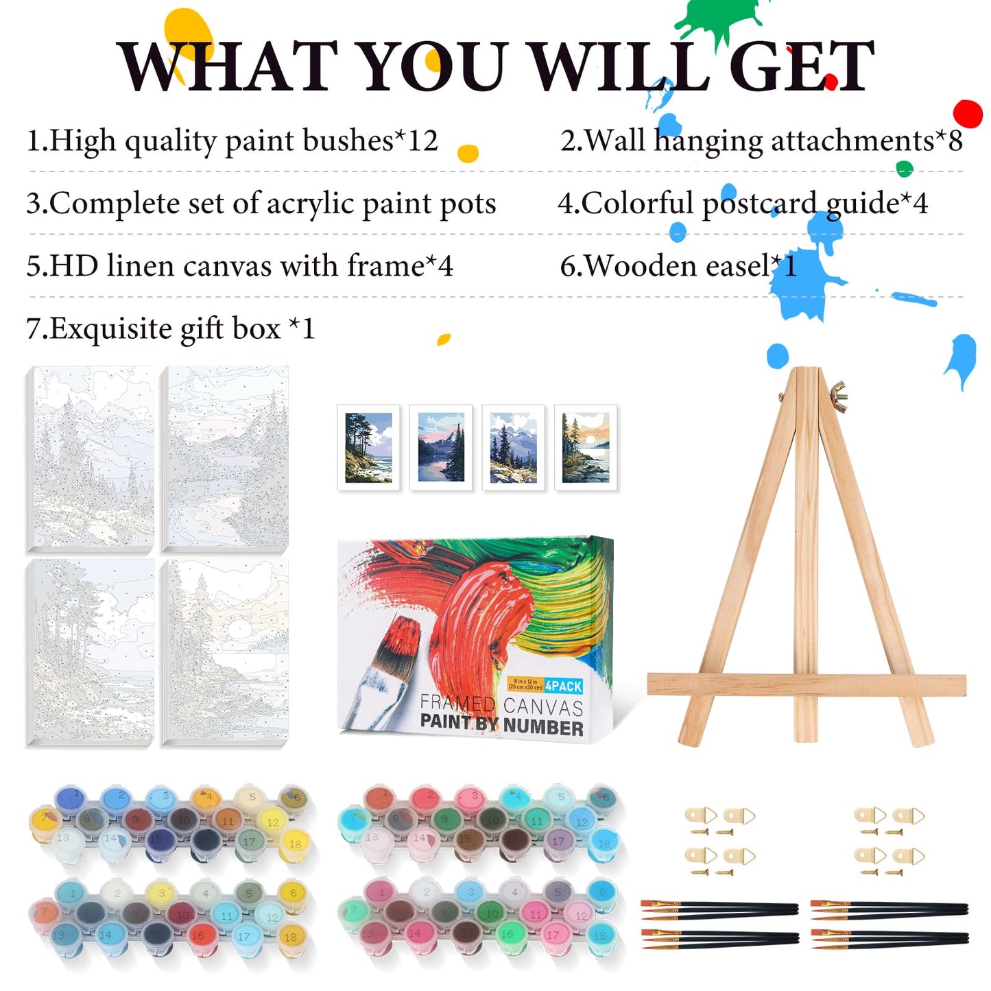Fountor 4 Pack Framed Paint by Numbers Kit for Adults Beginners with Wooden Easel, DIY Landscape Arts and Crafts for Adults, Painting by Numbers for Home Wall Decor, 8x12 inch