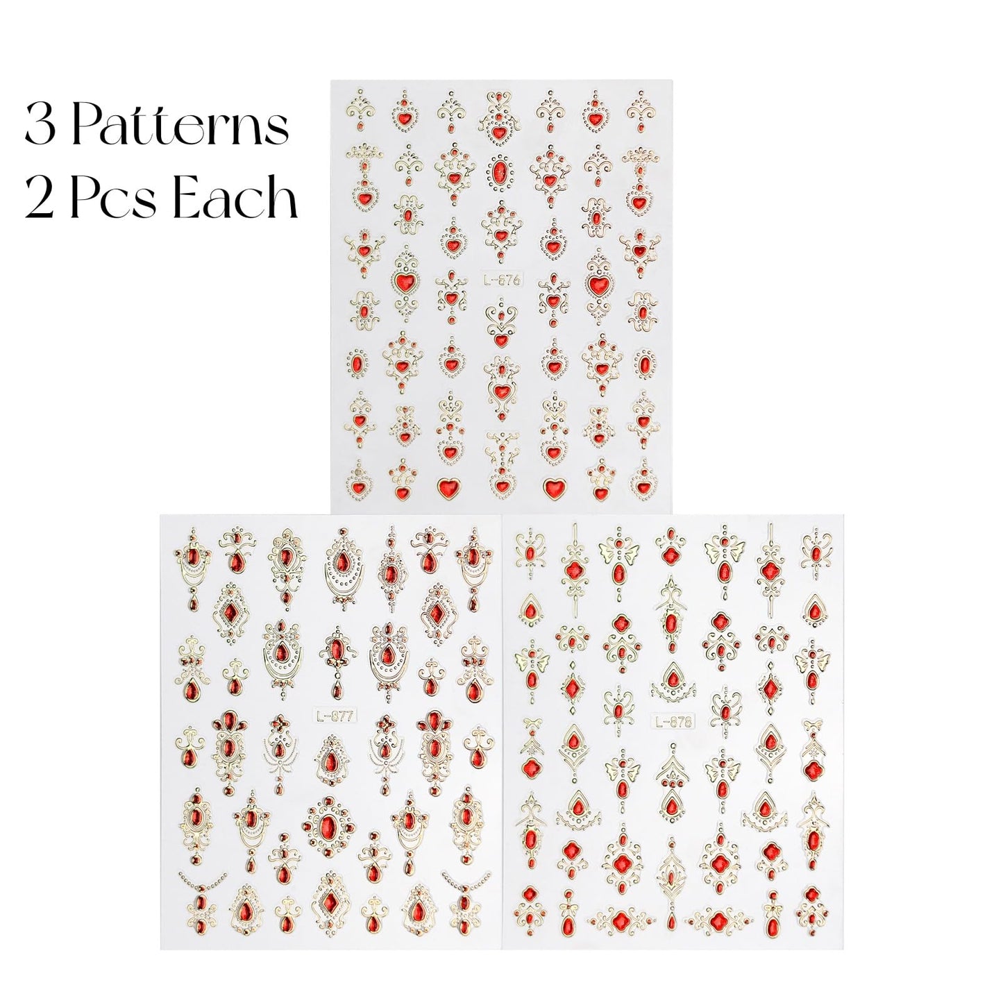 Gem Pattern Nail Art Stickers, 3D Embossed Retro Nail Decals, Self Adhesive Baroque Nails Decoration Supplies for Women Nails Design(Red Gem-6 Sheets)