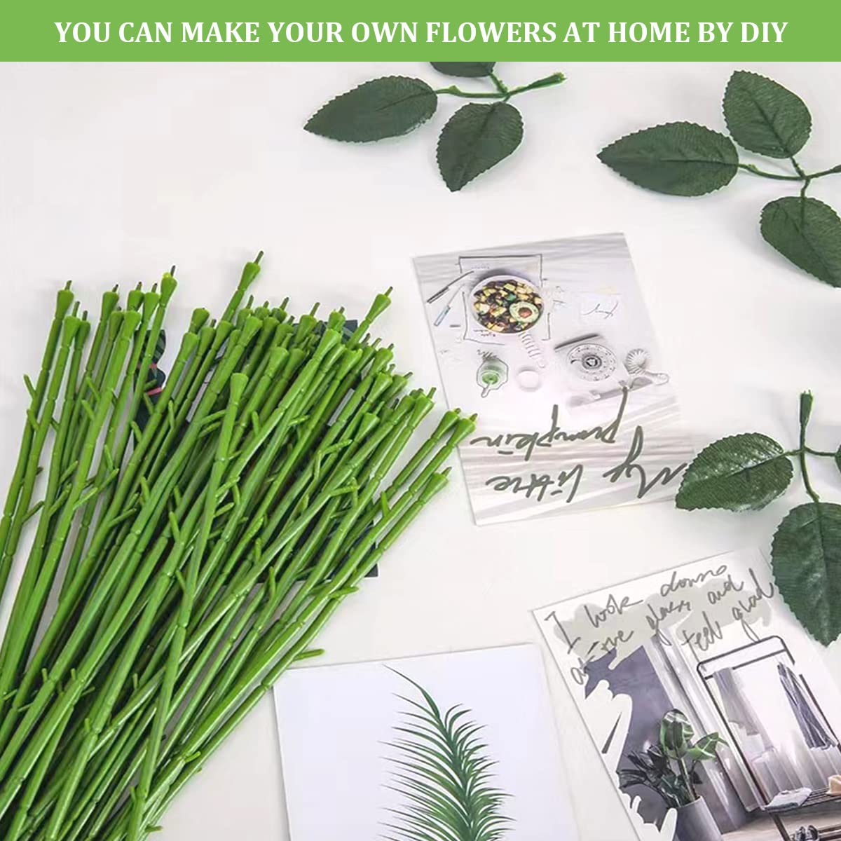 YOLUFER 100Pcs Floral Wire Stems Plastic Artificial Flower for Craft Floral Green Stem Wire DIY Craft Bouquet Making Floral Arrangement Tools