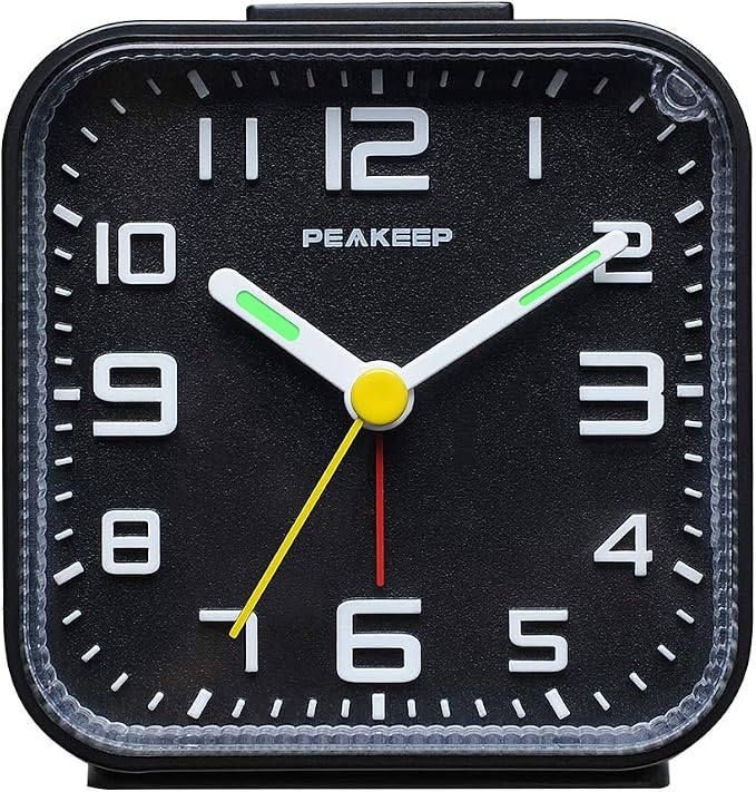 Peakeep 3D Numbers No Tick-Tock Analog Alarm Clock Classic Beep Sound | Snooze, Manual Light and Battery Powered Small for Travel (Black-3D)