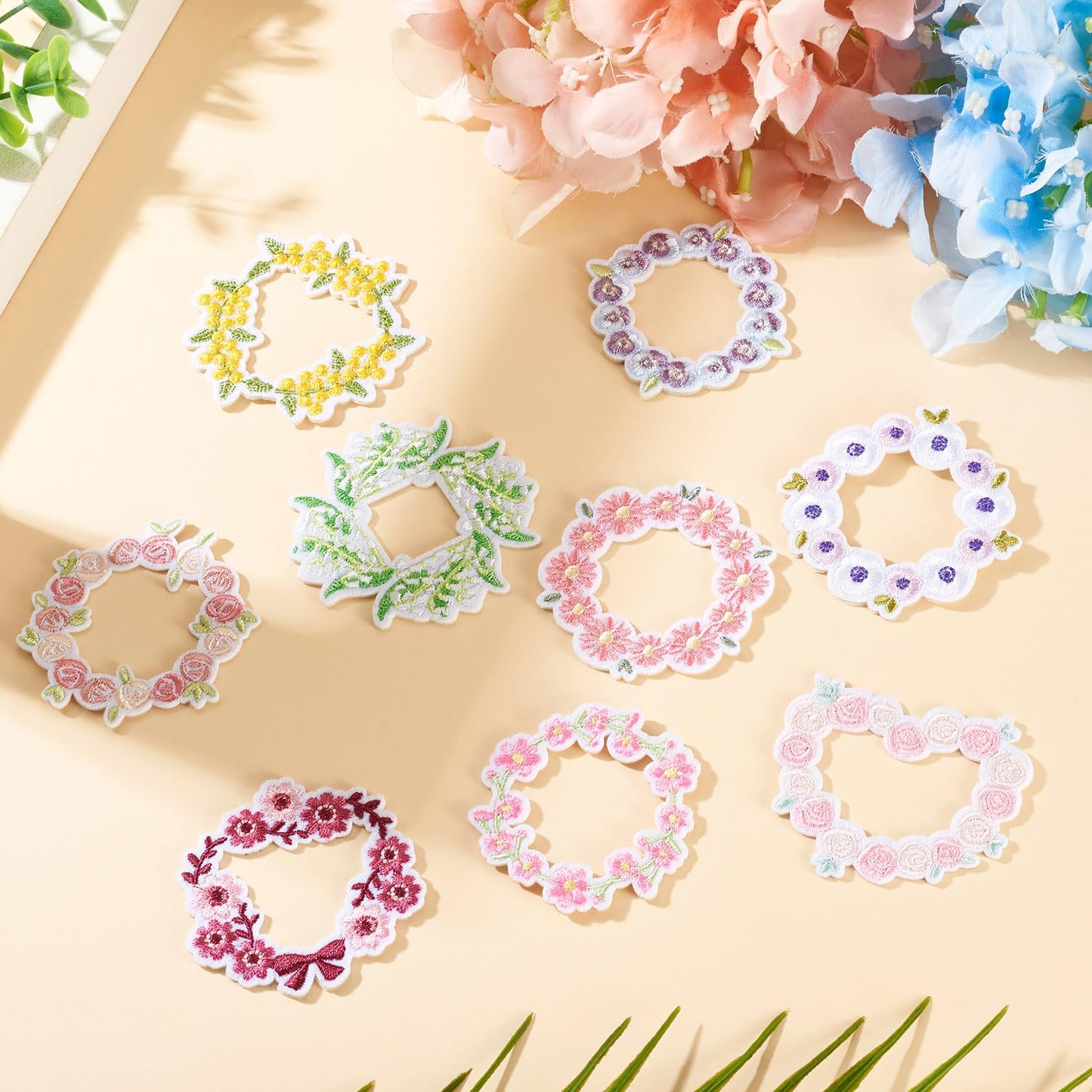 Cheriswelry 9Pcs Flower Iron on Patches for Clothing Wreath Embroidered Applique Patches 52-62mm for Hats Dress Jackets Jeans Backpacks DIY Craft Accessories