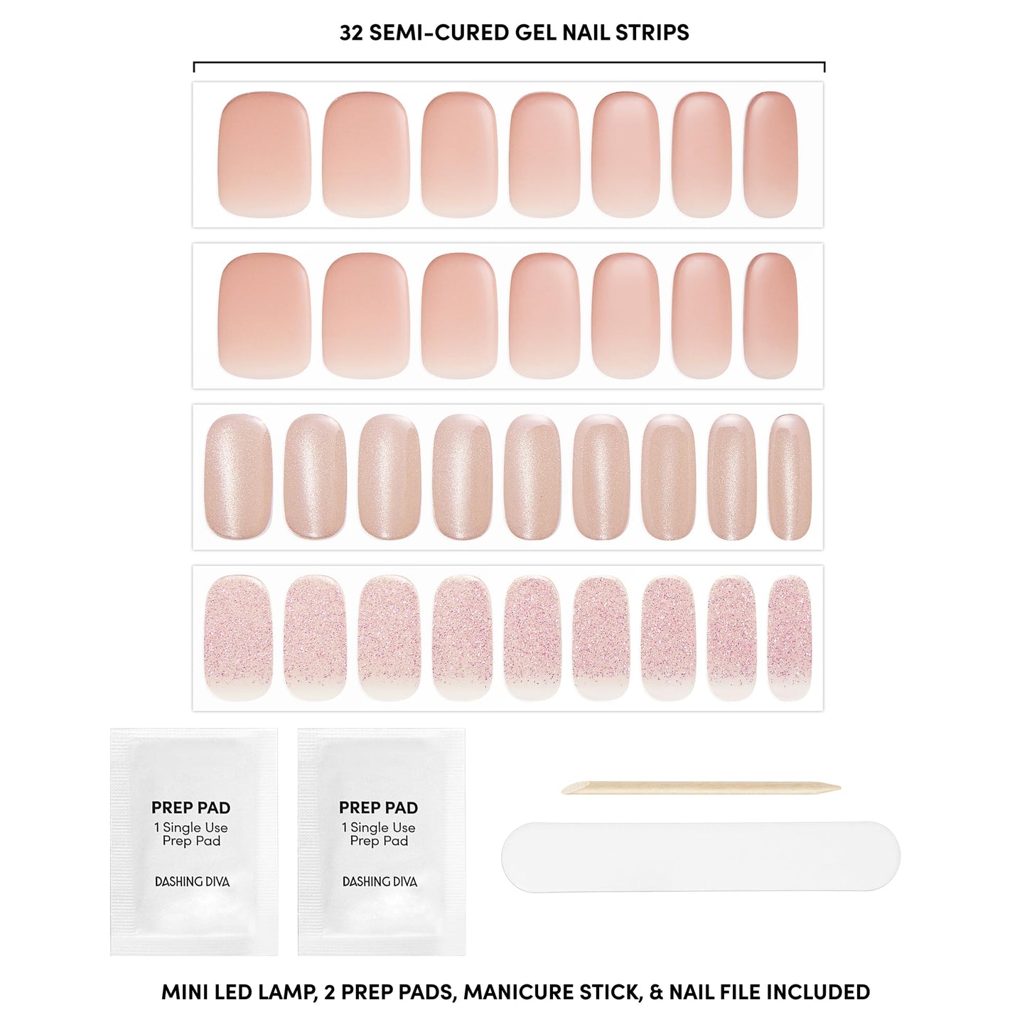 Dashing Diva Holiday Glaze Kit - Holiday Romance - Long Lasting, Chip Resistant, Semi-Cured Gel Nail Strips - 5-Piece Manicure Set with 32 Strips and Mini LED Lamp