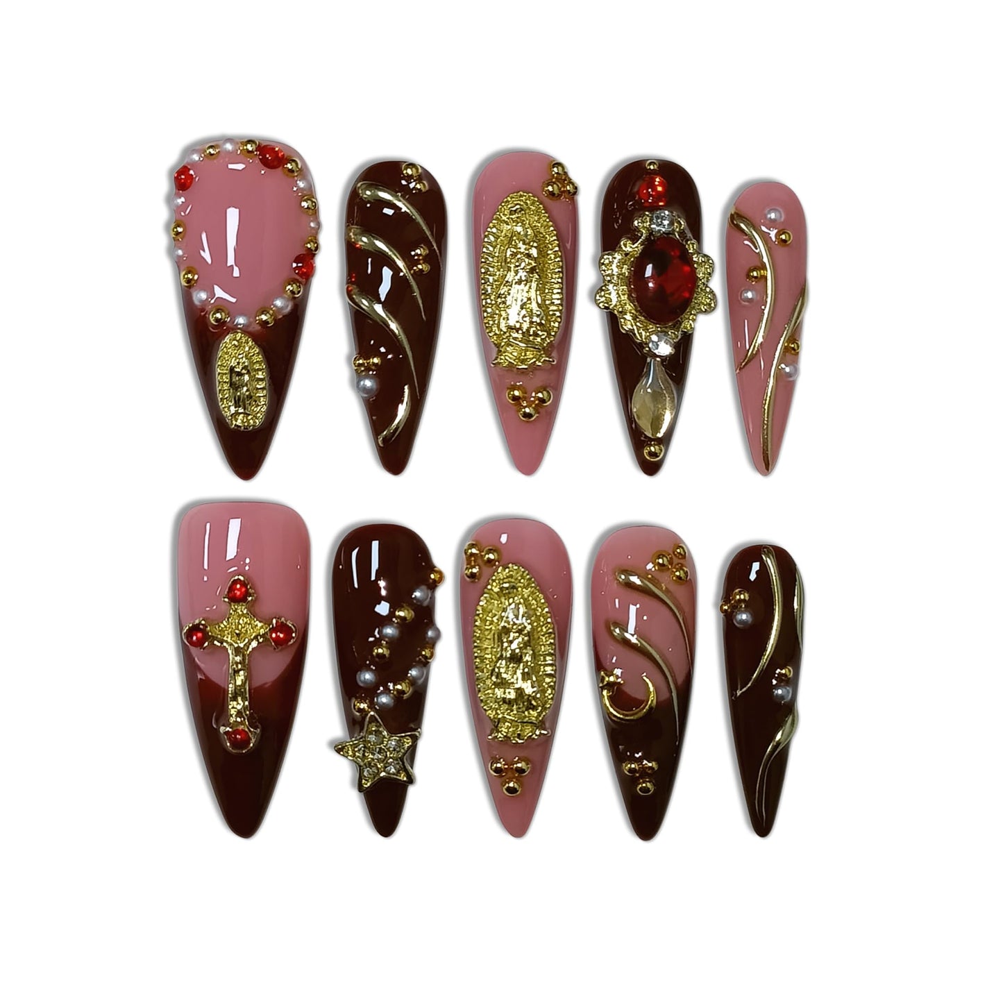TENPAL Handmade Press on Nails Long Stiletto - Nude Pink Wine Cross Design Fake Nails with 3D Religious Charm | Acrylic Glossy Icy False Nails with Tools | Chapelcore Y2K Nails(M)