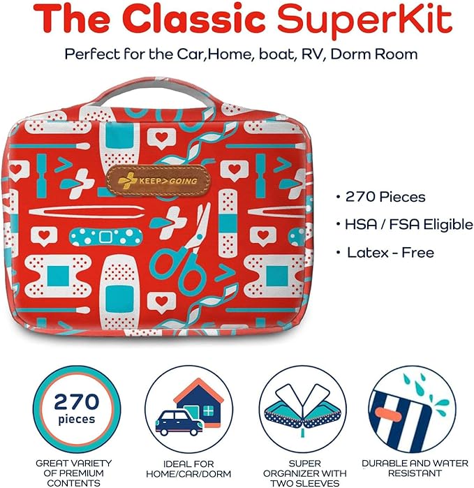 KeepGoing Large Home First Aid Kit for Kids – 270 Pc. for Car, Home, Dorm, & Boat with Latex-Free Bandages – 10 x 7 x 3.5 in. Travel First Aid Kit (The Classic)