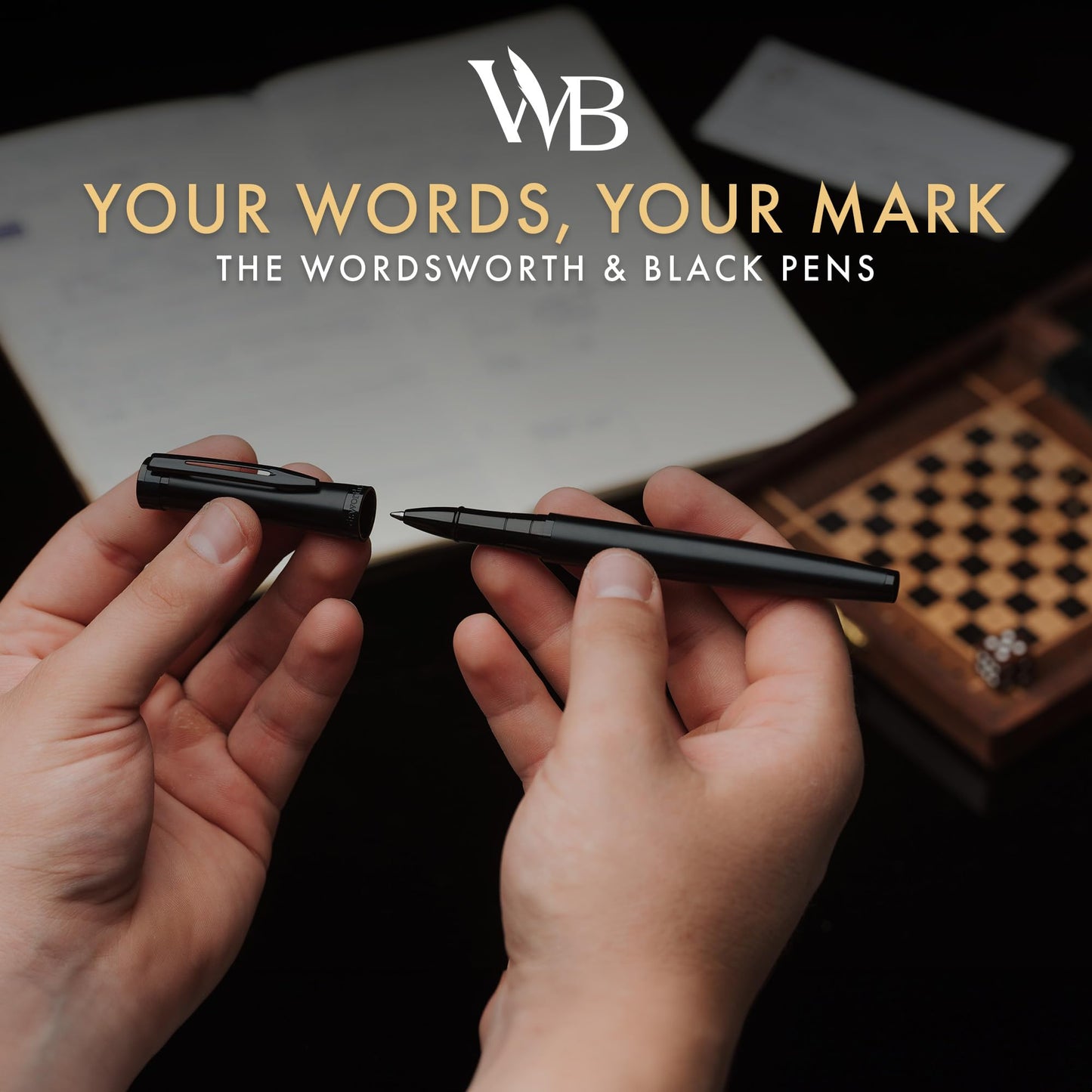 Wordsworth and Black Rollerball Pen - Luxury Pen - All Black Lacquer Finish, Ink Refill, Refillable Gift for Men & Women, Professional Writing, Nice and Fancy Pens and for Work