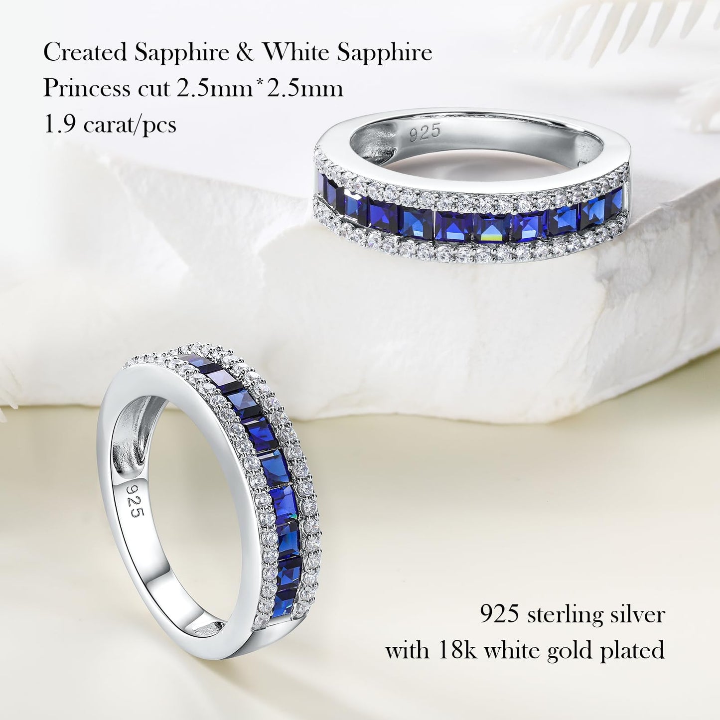 RANDES Wedding Band for Women Half Eternity Square Blue Sapphire Engagement Ring Princess Cut Channel Set Anniversary Ring Size 9