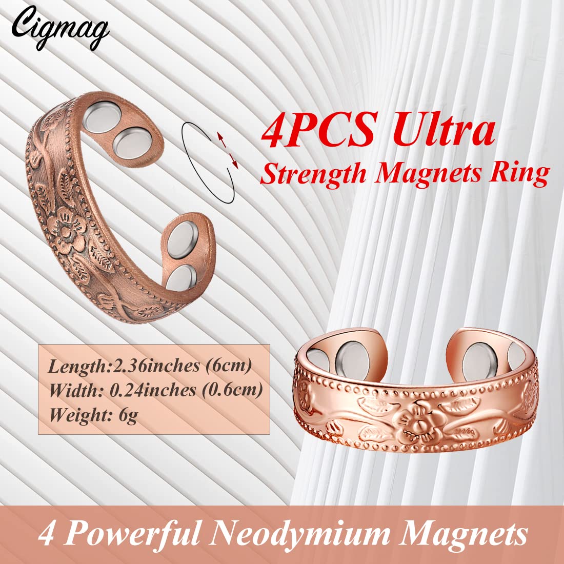 Cigmag 4PCS Copper Rings for Women Pure Copper Magnetic Ring Strong Magnets Adjustable