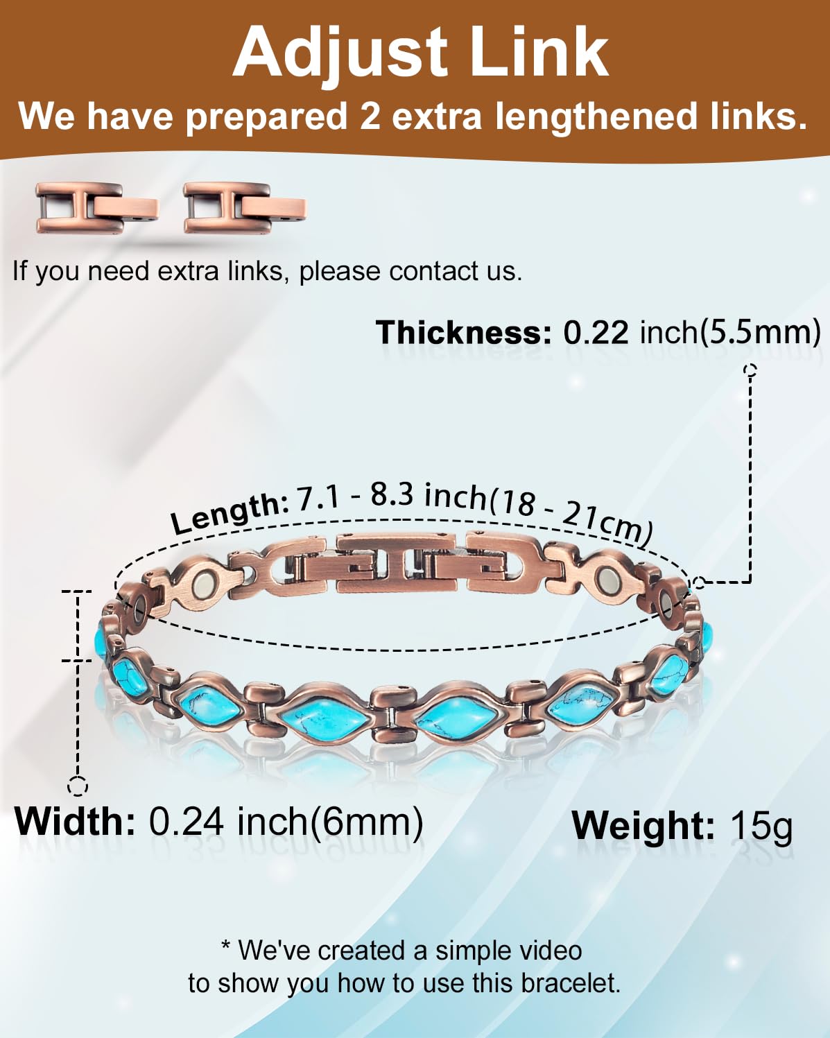 EnerCoppeX Copper Magnetic Bracelet for Women - Turquoize Detox Jewelry with 3500 Gauss Magnet (E)