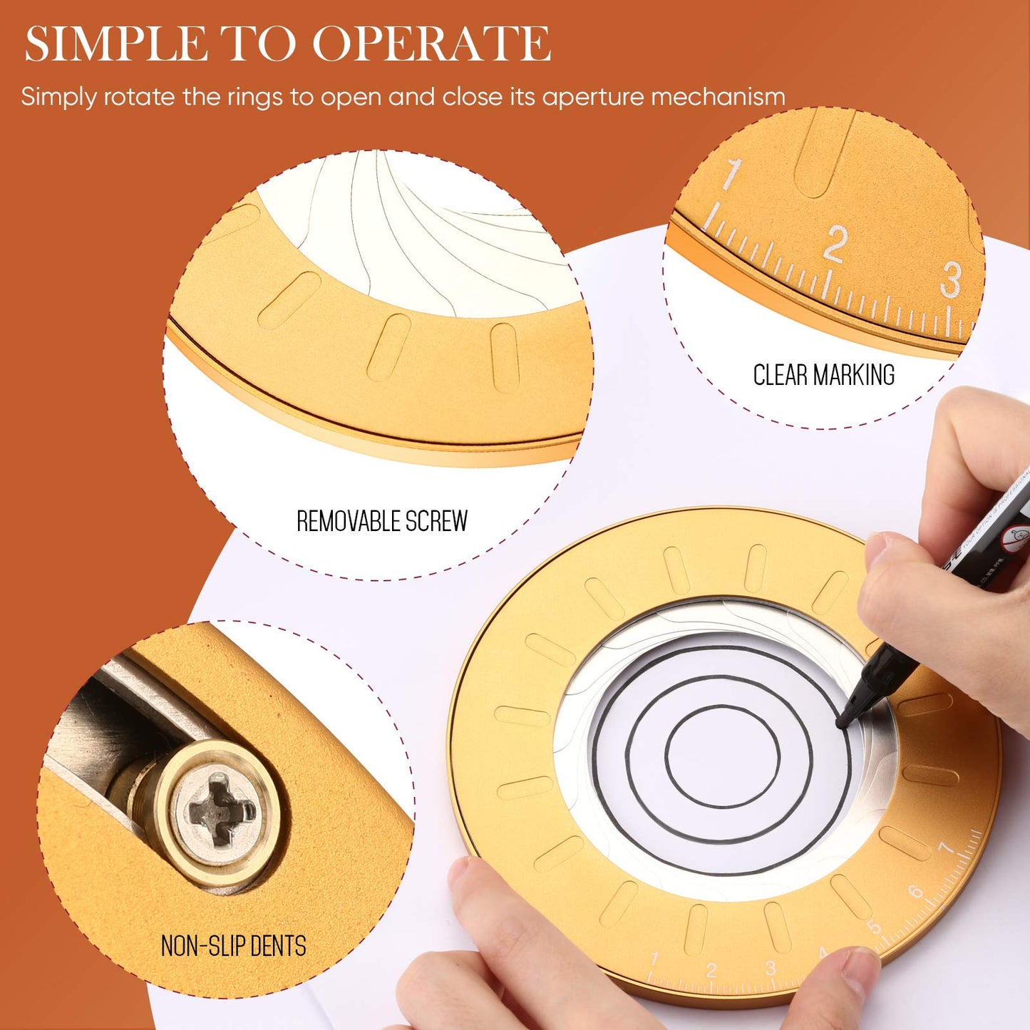 Zonon Circle Drawing Maker Stainless Steel Adjustable Round Circle Template Tool Ring Making Tool with Black Flannelette Bag for Drafting, 125 mm(Yellow)