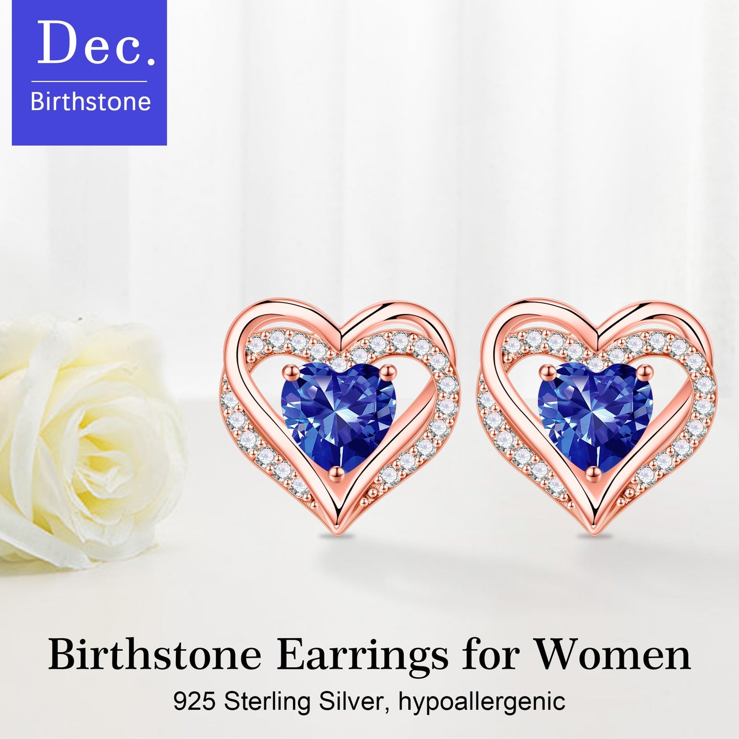 Iefil Rose-Gold-Plated Heart Earrings for Women, December Birthstone Blue Tanzanite Heart Stud Earrings for Women