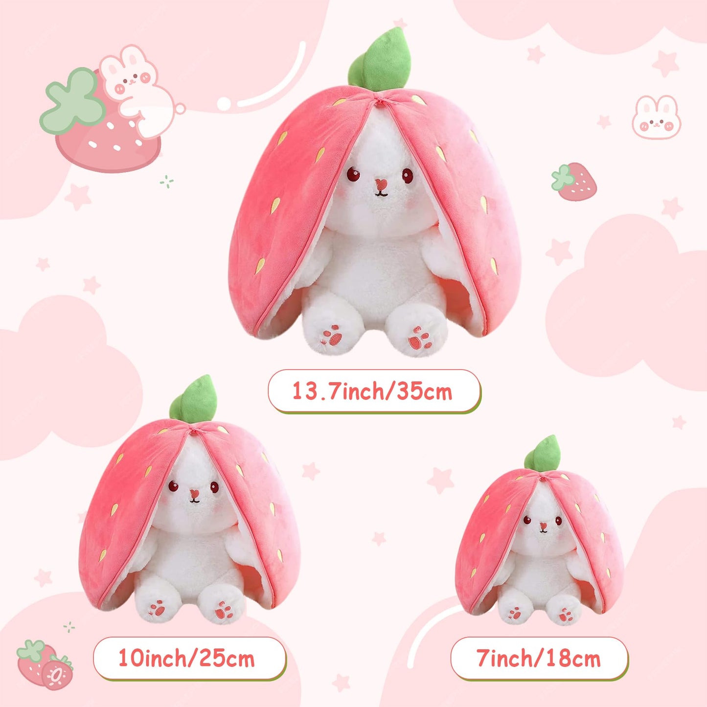 MIAODAM Bunny Stuffed Animal Reversible Cuddle Bunny Stuffed,Strawberry Bunny Transformed Rabbit Plush Zipper,Turns Into Ears Bunnies Plushies Toy Cute Stuffy Doll Easter