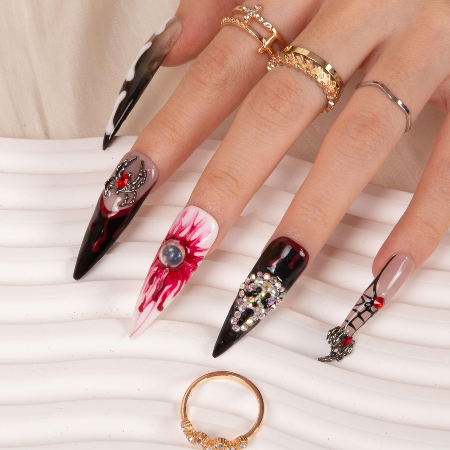 LOVFUL Press on Nails Final Destination | Handmade with Full Covered Crystals | Reusable Full Cover Nails | Stiletto Mid Length 1.7 in | H133-M