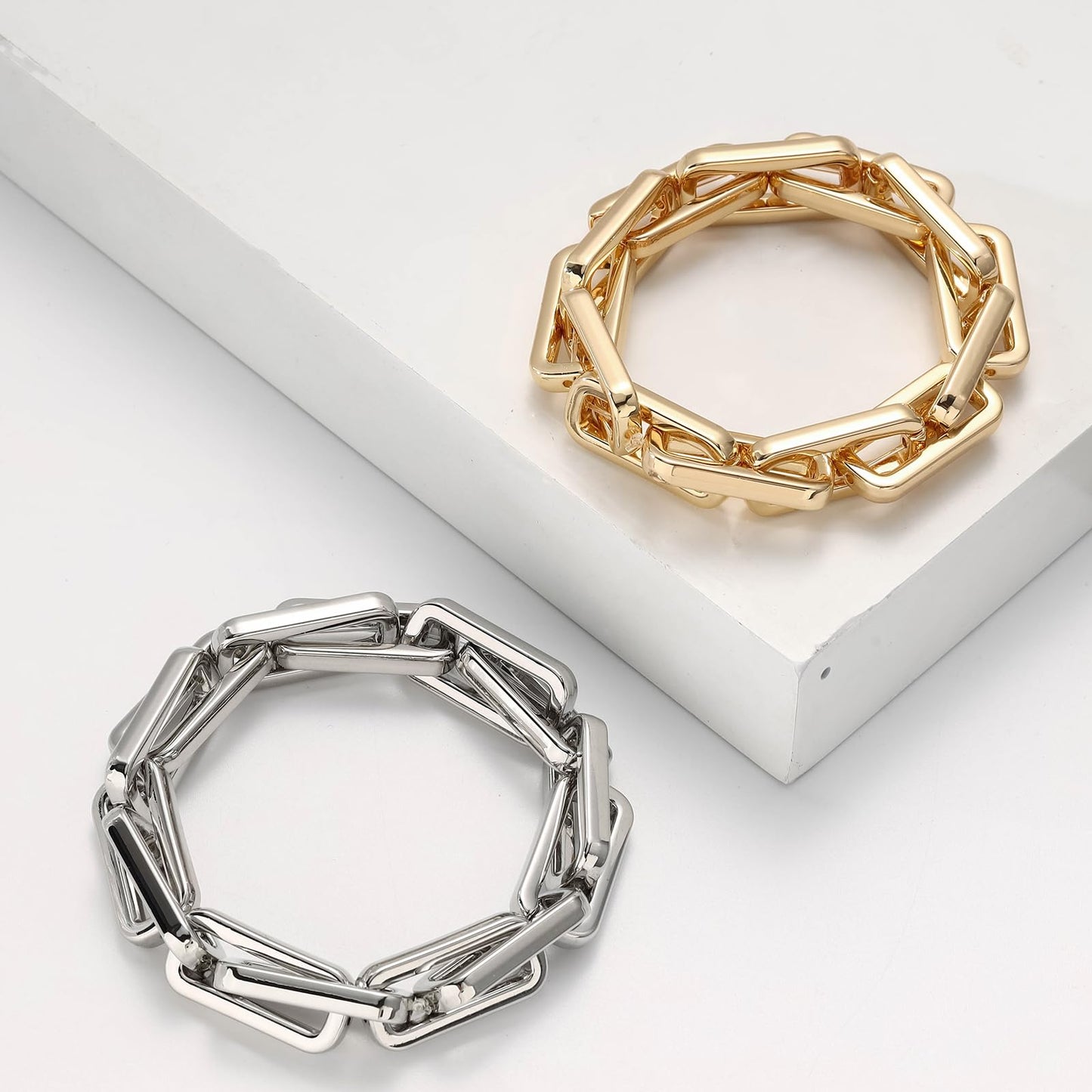 WZJLY Chunky Gold Bracelet for Women Non Tarnish, Trendy Stretch Cuban Link Chain Plated Gold Bangle Bracelets (Paperclip-gold)