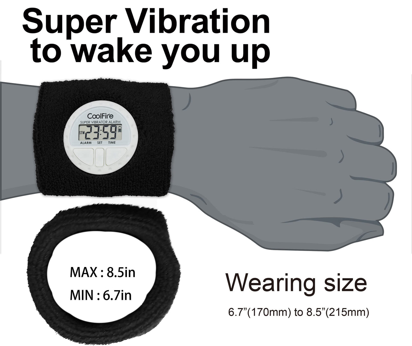 Coolfire Vibrating Alarm - Silent Wristband Vibrating Alarm for Deep Sleep (Black)